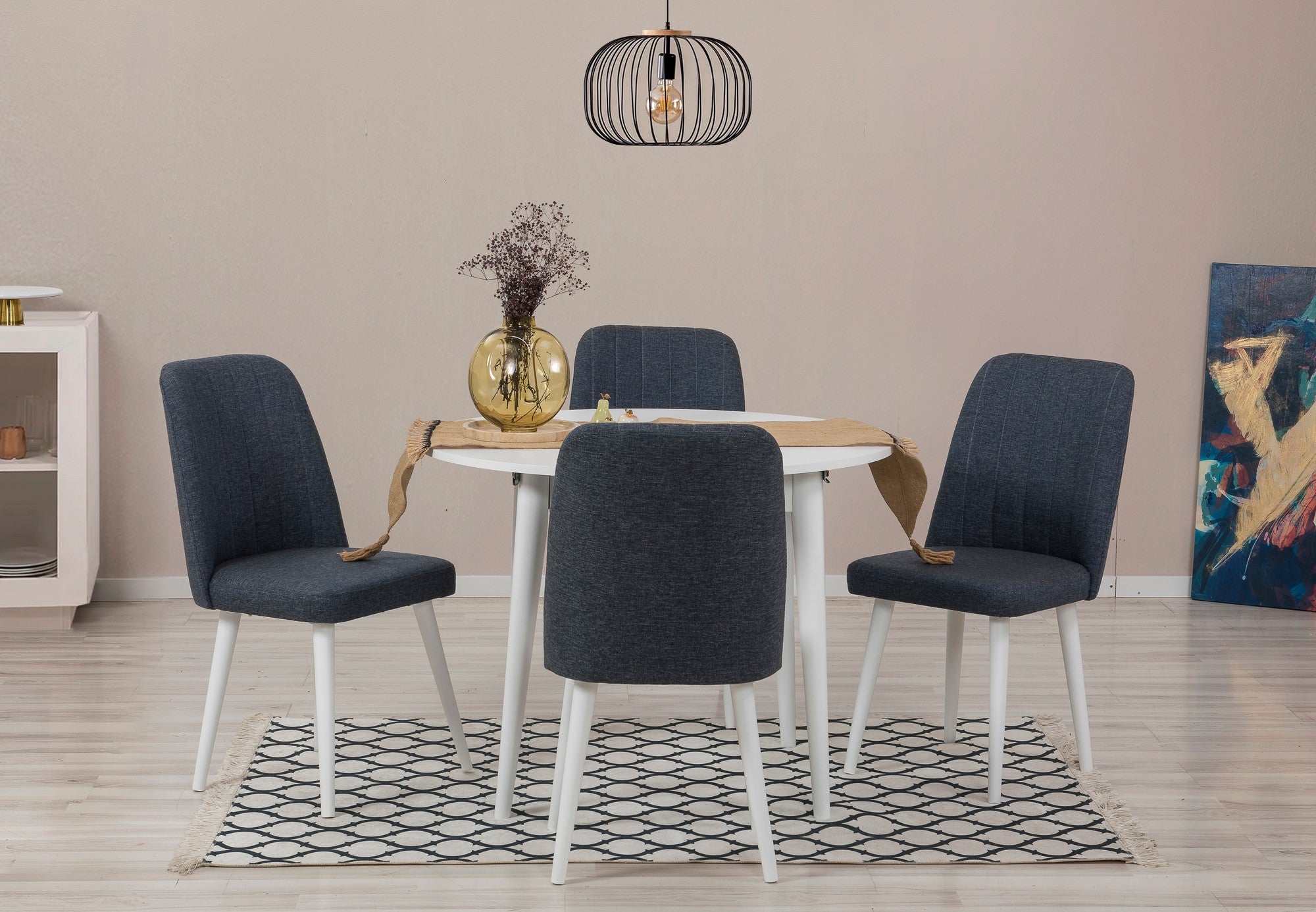 Conjunto de mesa de jantar extensível e cadeiras (5 peças), branco e azul-marinho, 100 cm (aberto: 139 cm) | 100% revestido em melamina, 18 mm de espessura | Elegante e funcional para salas de jantar modernas