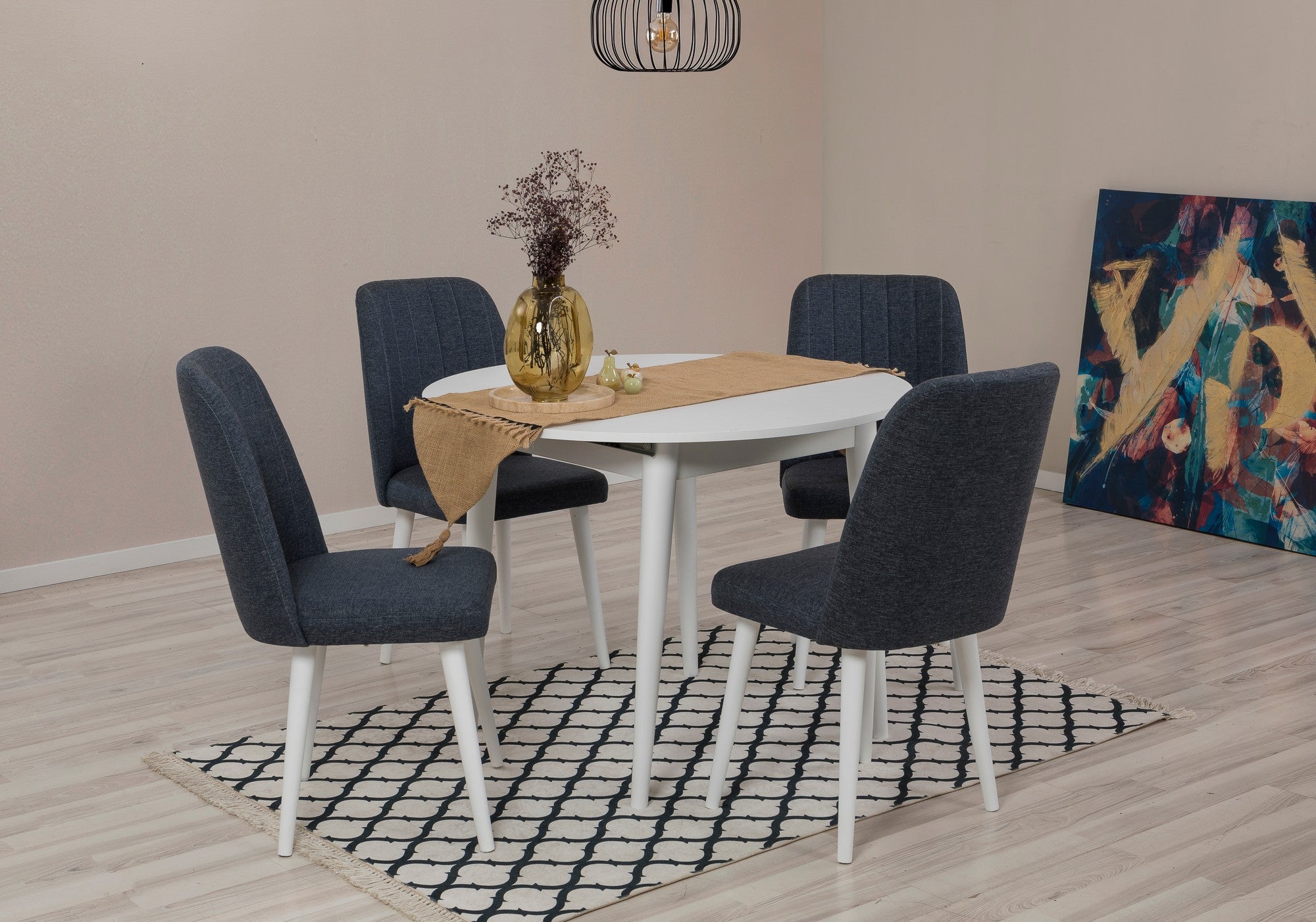 Conjunto de mesa de jantar extensível e cadeiras (5 peças), branco e azul-marinho, 100 cm (aberto: 139 cm) | 100% revestido em melamina, 18 mm de espessura | Elegante e funcional para salas de jantar modernas