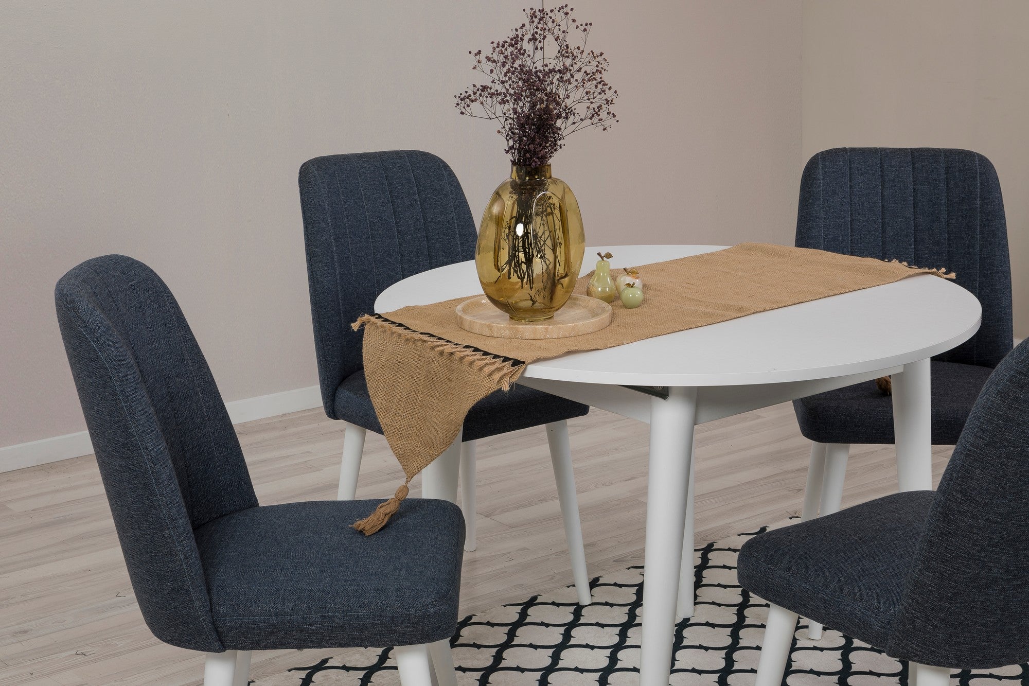 Conjunto de mesa de jantar extensível e cadeiras (5 peças), branco e azul-marinho, 100 cm (aberto: 139 cm) | 100% revestido em melamina, 18 mm de espessura | Elegante e funcional para salas de jantar modernas