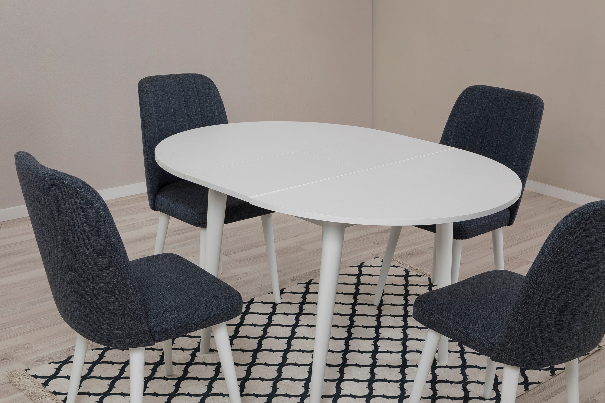 Conjunto de mesa de jantar extensível e cadeiras (5 peças), branco e azul-marinho, 100 cm (aberto: 139 cm) | 100% revestido em melamina, 18 mm de espessura | Elegante e funcional para salas de jantar modernas