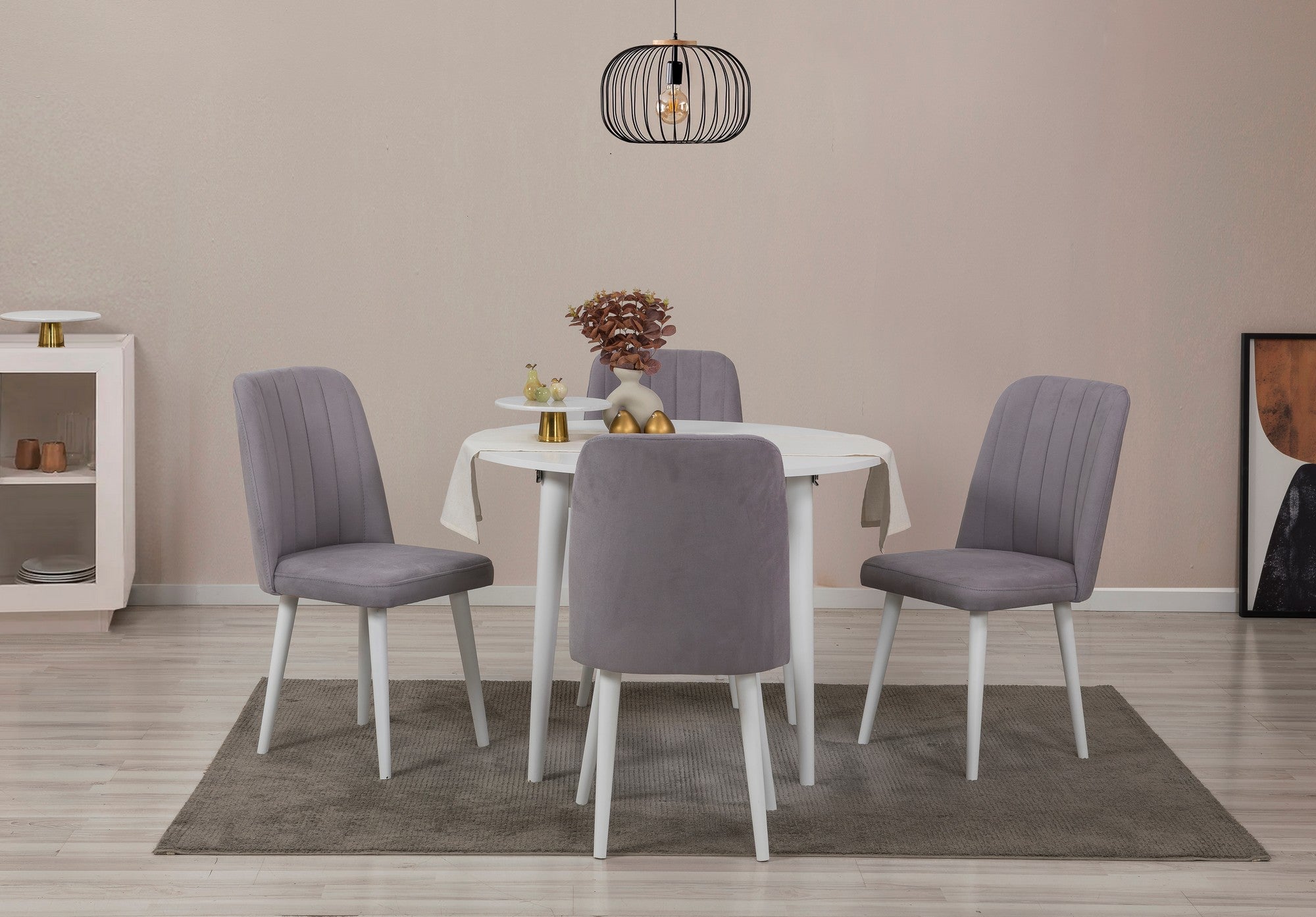 Conjunto de mesa de jantar extensível e cadeiras (5 peças), branco e cinza, 100 cm - 139 cm | 100% revestido em melamina, 18 mm de espessura | Elegante e funcional para refeições modernas