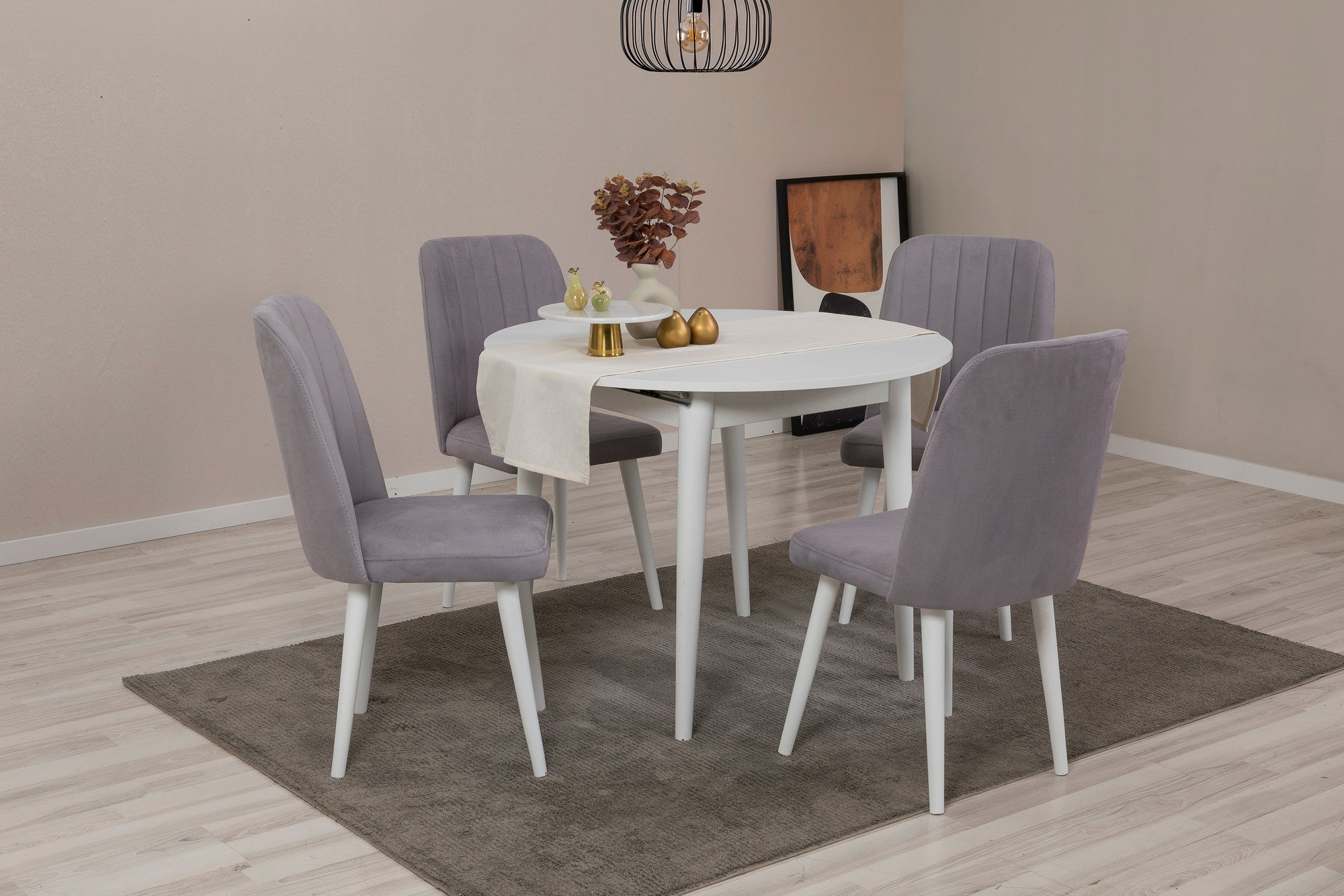 Conjunto de mesa de jantar extensível e cadeiras (5 peças), branco e cinza, 100 cm - 139 cm | 100% revestido em melamina, 18 mm de espessura | Elegante e funcional para refeições modernas