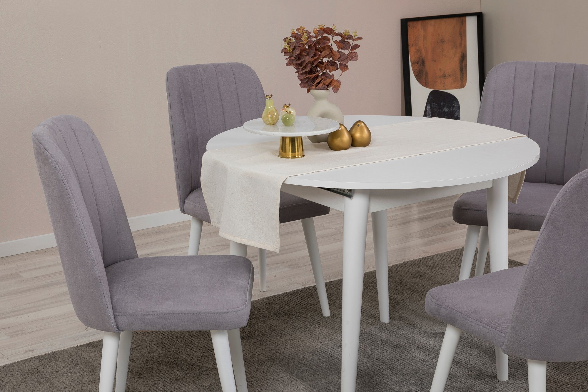 Conjunto de mesa de jantar extensível e cadeiras (5 peças), branco e cinza, 100 cm - 139 cm | 100% revestido em melamina, 18 mm de espessura | Elegante e funcional para refeições modernas