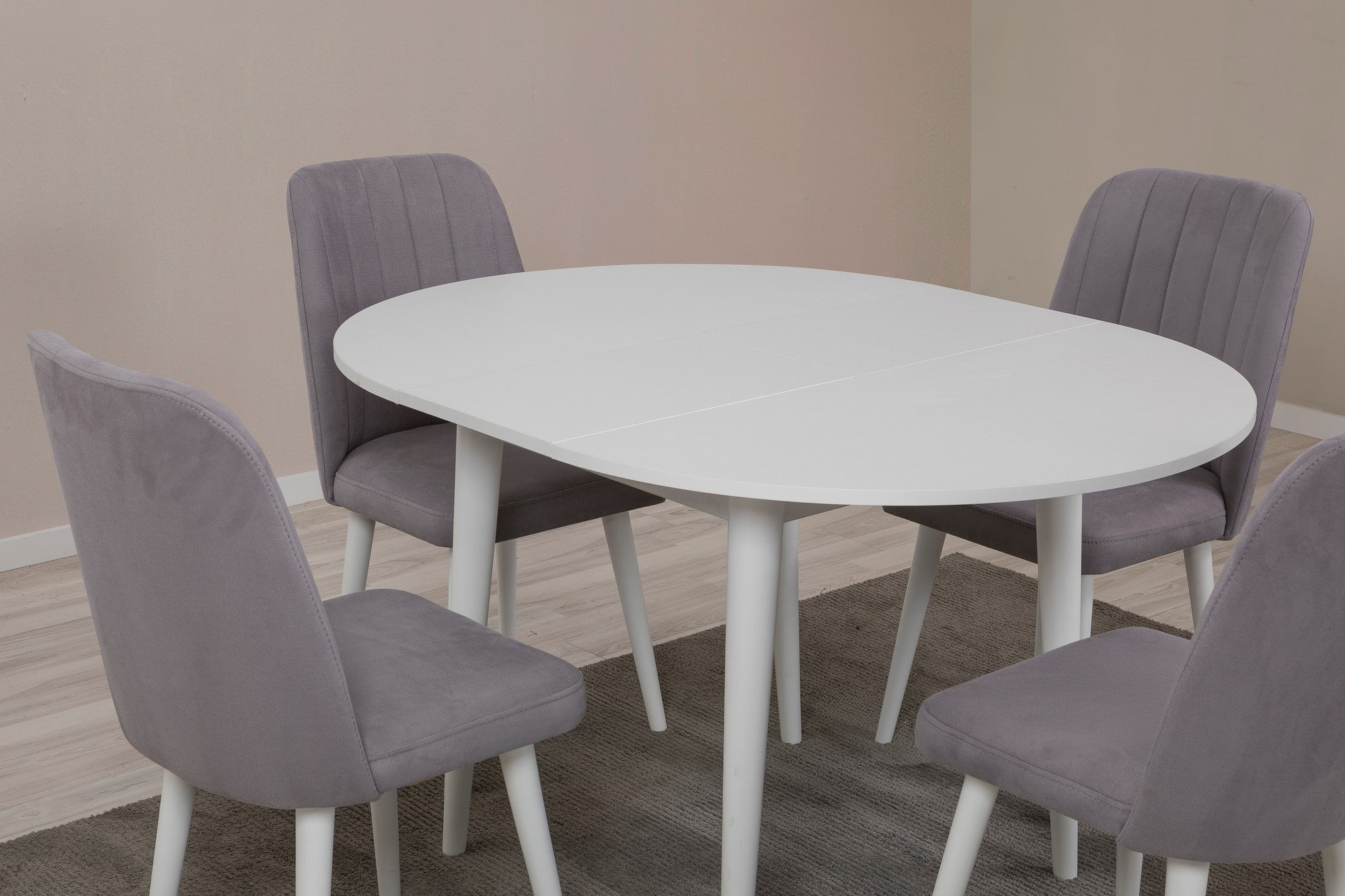 Conjunto de mesa de jantar extensível e cadeiras (5 peças), branco e cinza, 100 cm - 139 cm | 100% revestido em melamina, 18 mm de espessura | Elegante e funcional para refeições modernas