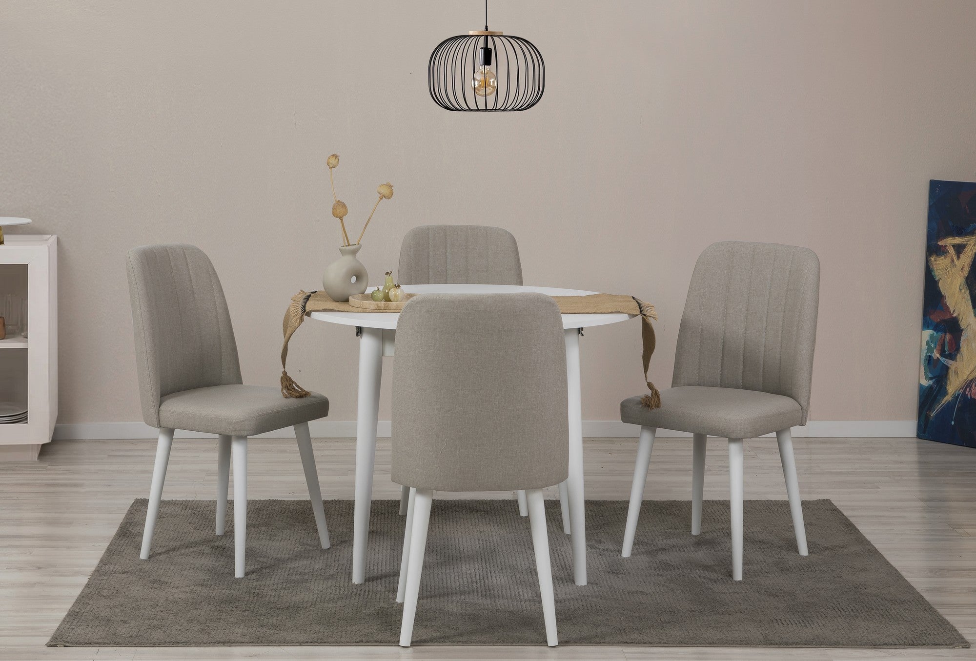Conjunto de mesa de jantar extensível e cadeiras (5 peças), branco e creme, 100 cm | 100% revestido em melamina, pernas de madeira | Perfeito para salas de jantar modernas