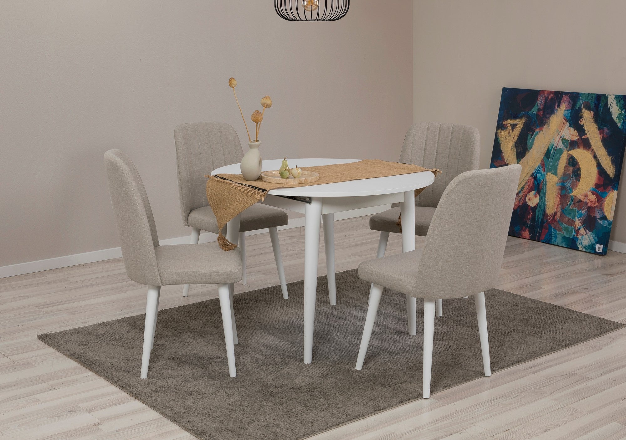 Conjunto de mesa de jantar extensível e cadeiras (5 peças), branco e creme, 100 cm | 100% revestido em melamina, pernas de madeira | Perfeito para salas de jantar modernas