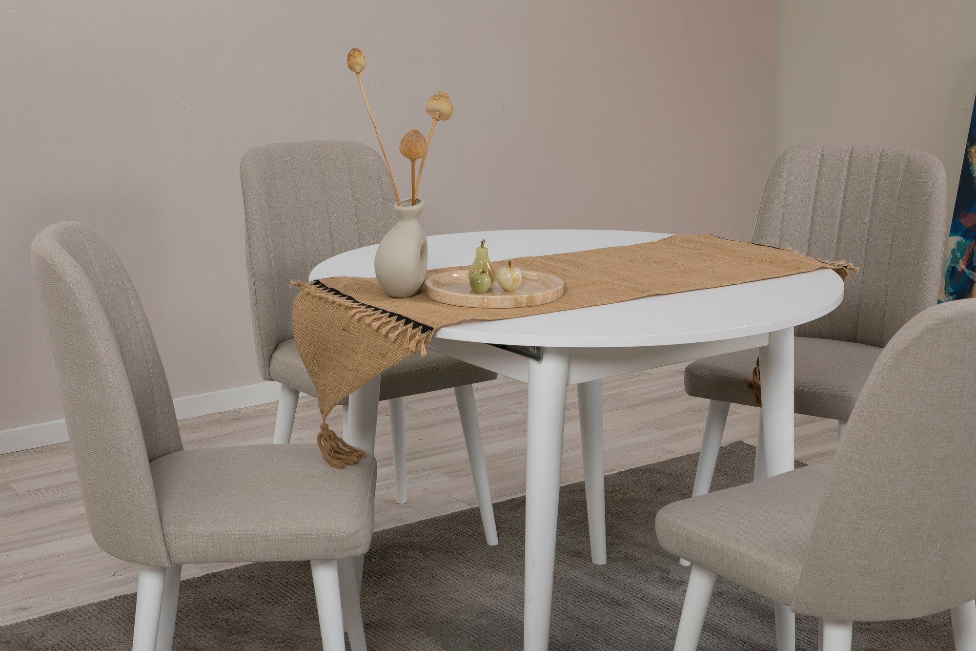 Conjunto de mesa de jantar extensível e cadeiras (5 peças), branco e creme, 100 cm | 100% revestido em melamina, pernas de madeira | Perfeito para salas de jantar modernas