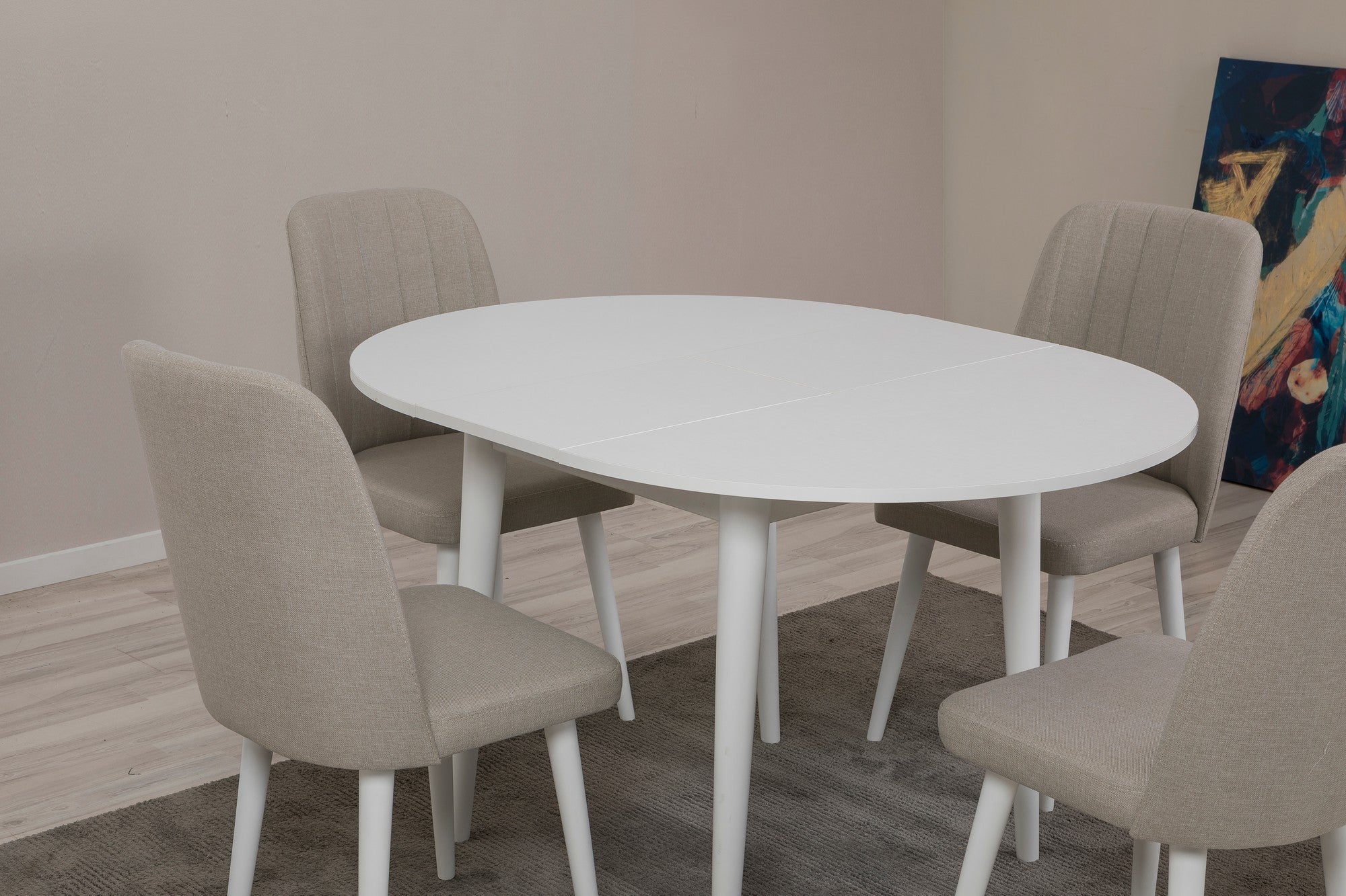 Conjunto de mesa de jantar extensível e cadeiras (5 peças), branco e creme, 100 cm | 100% revestido em melamina, pernas de madeira | Perfeito para salas de jantar modernas