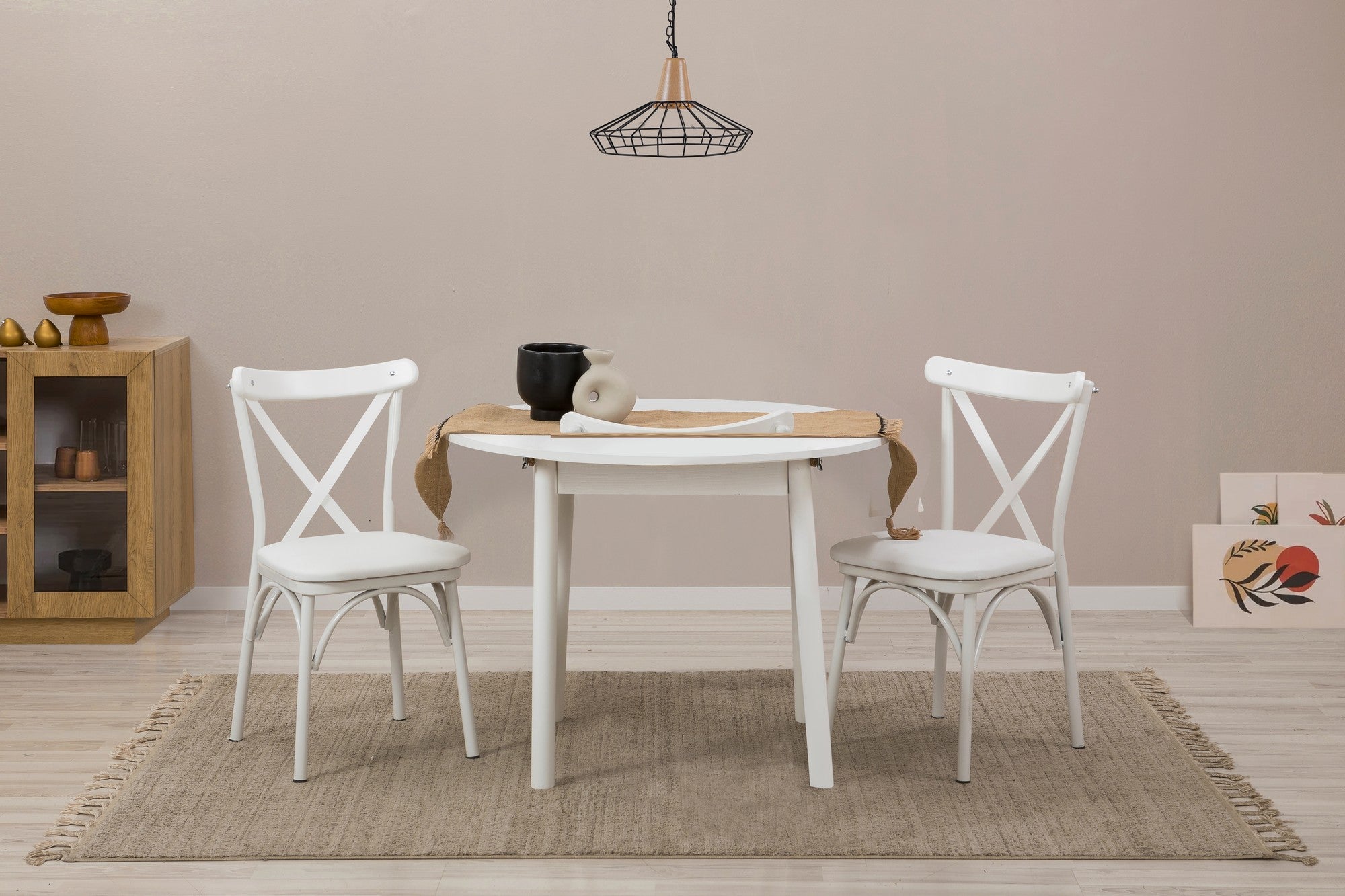 Conjunto de mesa de jantar extensível e cadeiras (3 peças), branco, 100 cm (aberto: 131 cm) | 100% revestido em melamina, pernas de madeira de faia | Elegante e funcional para refeições modernas