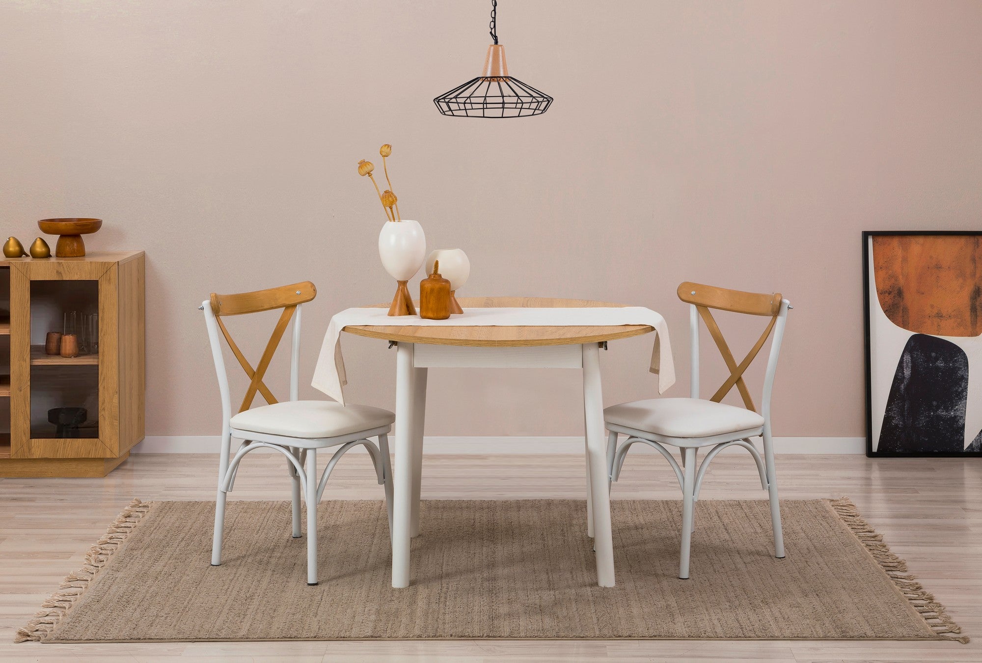 Conjunto de mesa de jantar extensível e cadeiras (3 peças), carvalho e branco, 100 cm - 131 cm | 100% revestido em melamina, pernas de madeira de faia | Elegante e funcional para refeições modernas
