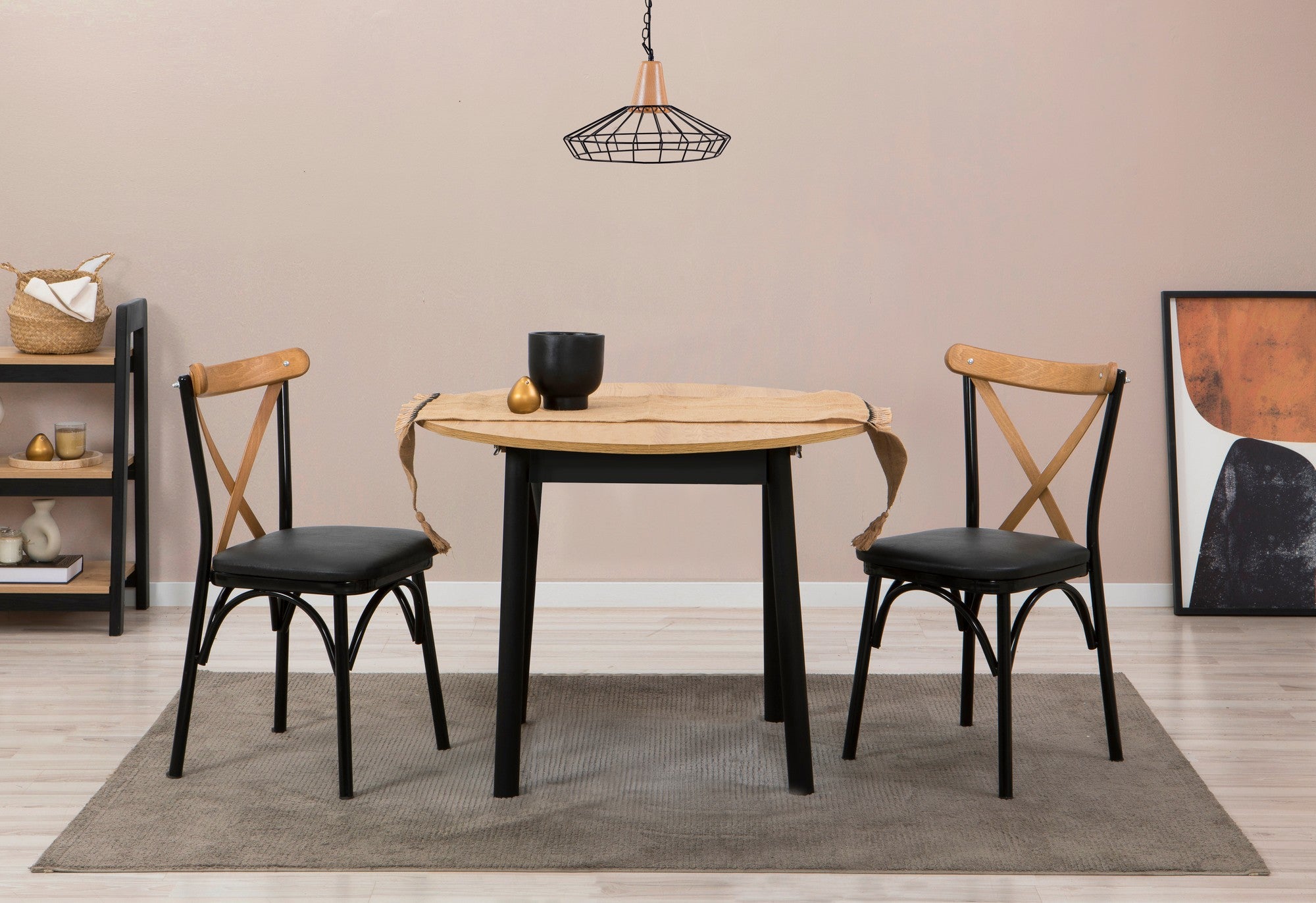 Conjunto de mesa de jantar extensível com cadeiras (3 peças), carvalho e preto, 100 cm (131 cm aberto) | 100% revestido em melamina, pernas de madeira de faia | Elegante e funcional para refeições modernas