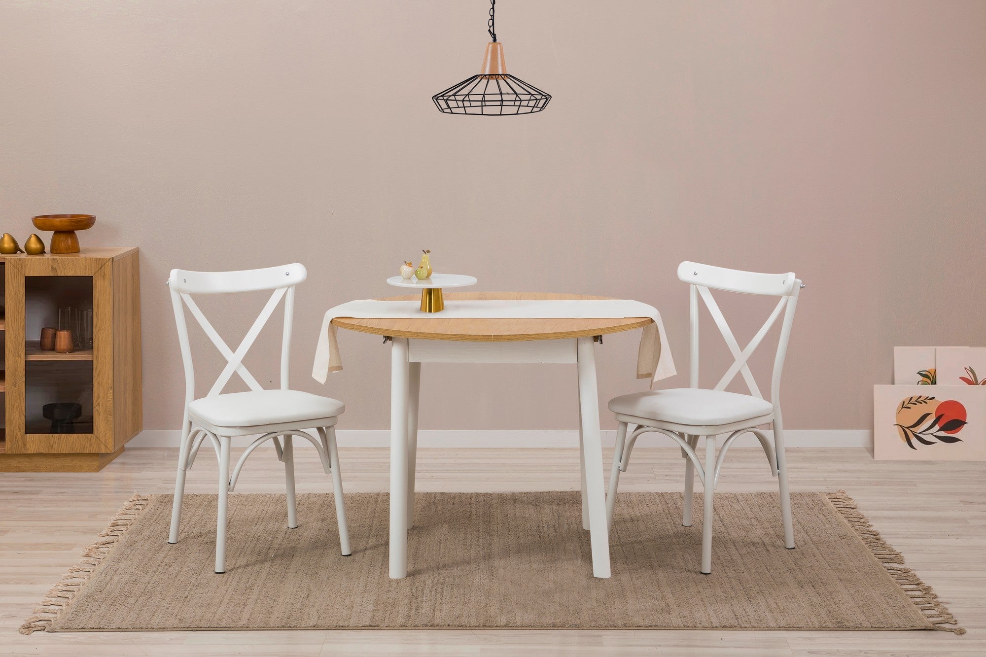 Conjunto de mesa de jantar extensível com cadeiras (3 peças), branco e carvalho, 100 cm (aberto: 131 cm) | 100% revestido em melamina, pernas de madeira de faia | Elegante e funcional para refeições modernas