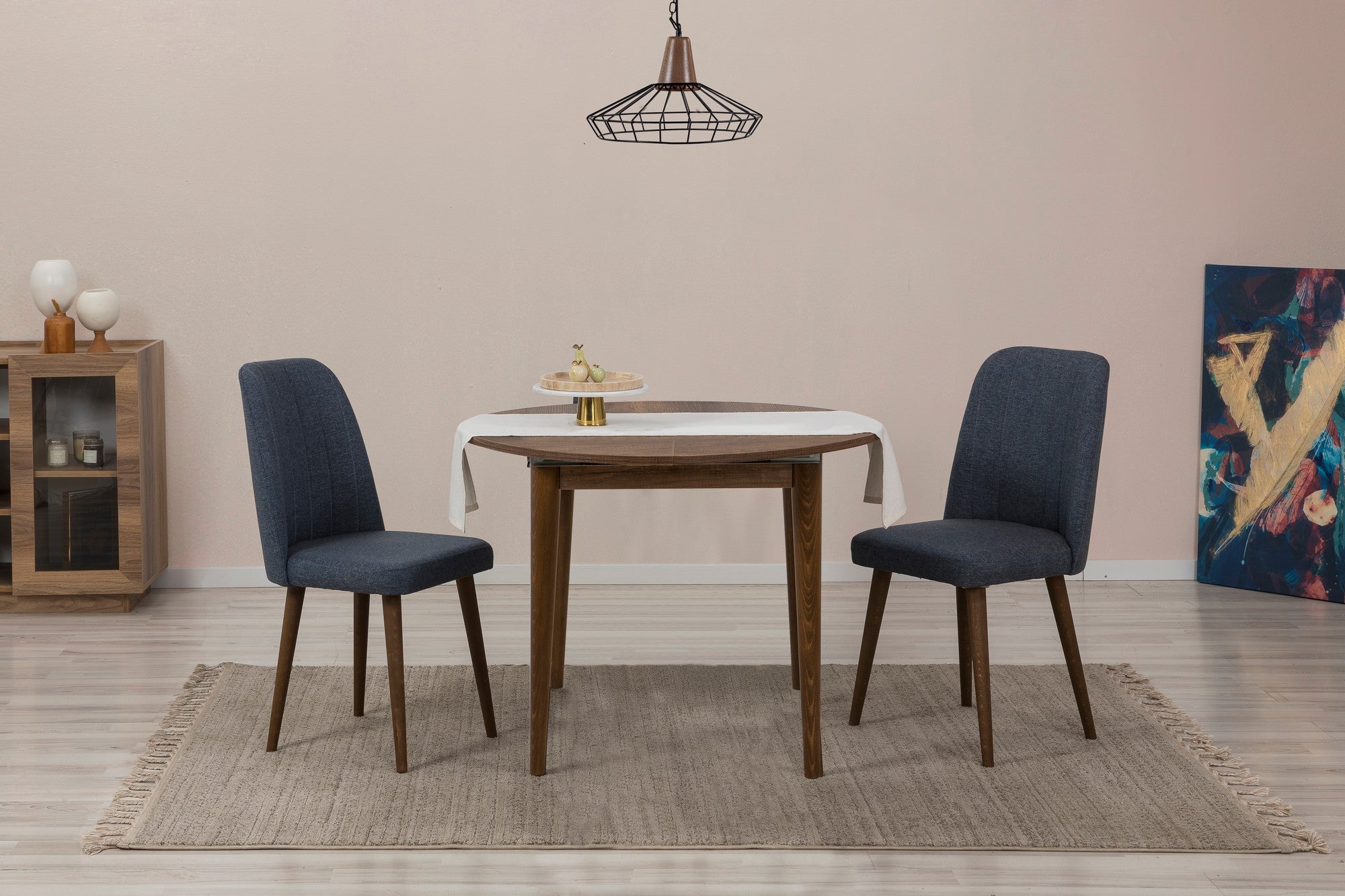 Conjunto de mesa de jantar extensível e cadeiras (3 peças), nogueira e azul-marinho, 100 cm (aberto: 131 cm) | 100% revestido em melamina, 18 mm de espessura | Elegante e funcional para refeições modernas