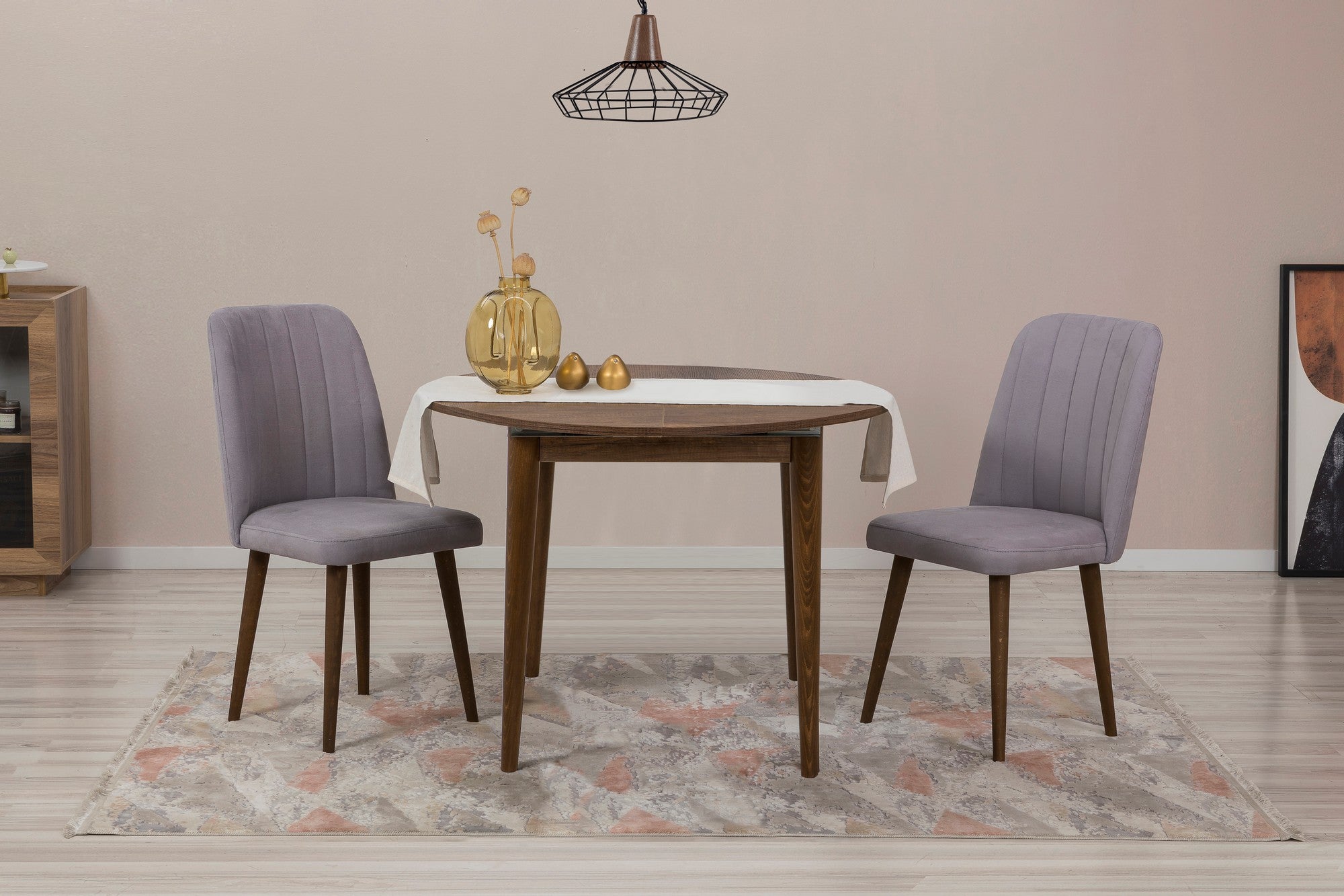 Conjunto de mesa de jantar extensível e cadeiras (3 peças), nogueira e cinza, 100 cm (aberto: 131 cm) | 100% revestido em melamina, 18 mm de espessura | Elegante e funcional para salas de jantar modernas
