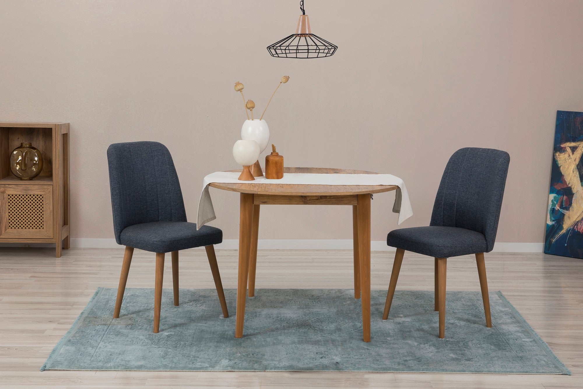 Conjunto de mesa de jantar extensível e cadeiras (3 peças), pinho atlântico e azul-marinho, 100 cm | 100% revestido em melamina, pernas de madeira | Elegante e funcional para refeições modernas