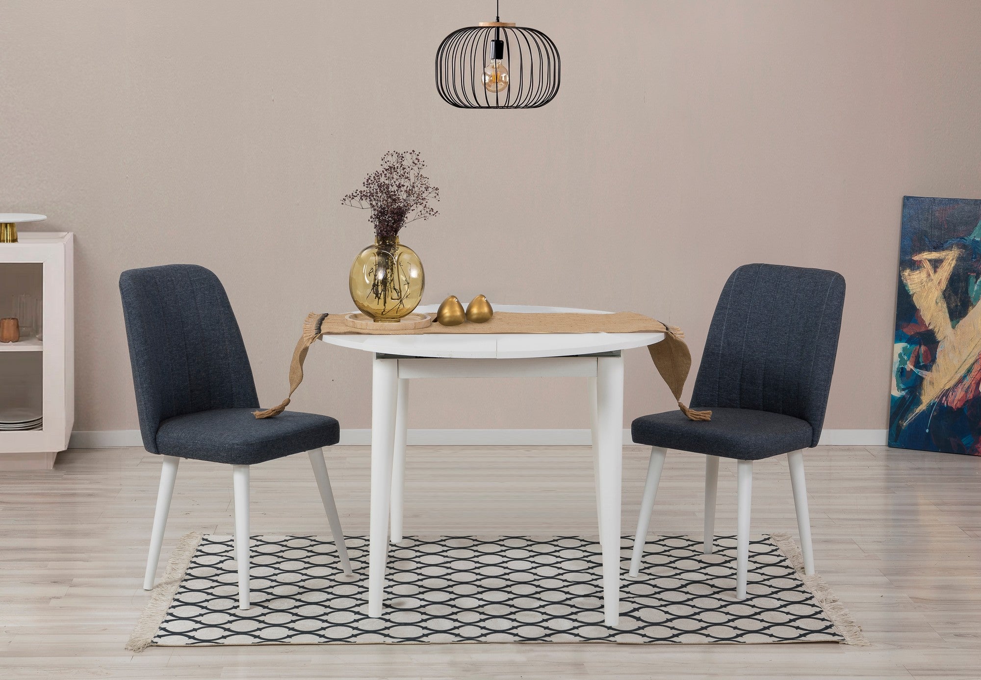 Conjunto de mesa de jantar extensível e cadeiras (3 peças), branco e azul-marinho, 100 cm (aberto: 131 cm) | 100% revestido em melamina, 18 mm de espessura | Elegante e funcional para salas de jantar modernas