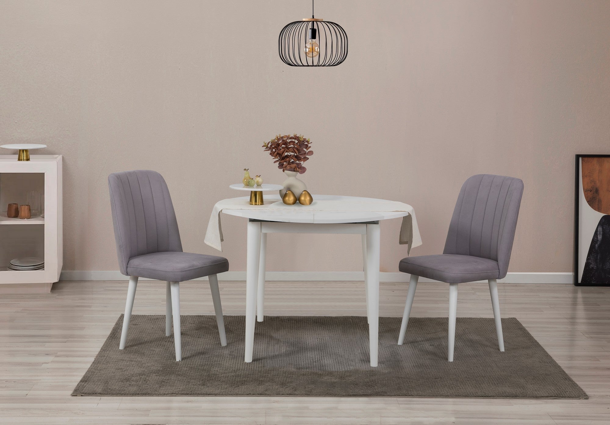Conjunto de mesa de jantar extensível e cadeiras (3 peças), branco e cinza, 100 cm (aberto: 131 cm) | 100% revestido em melamina, 18 mm de espessura | Elegante e funcional para refeições modernas