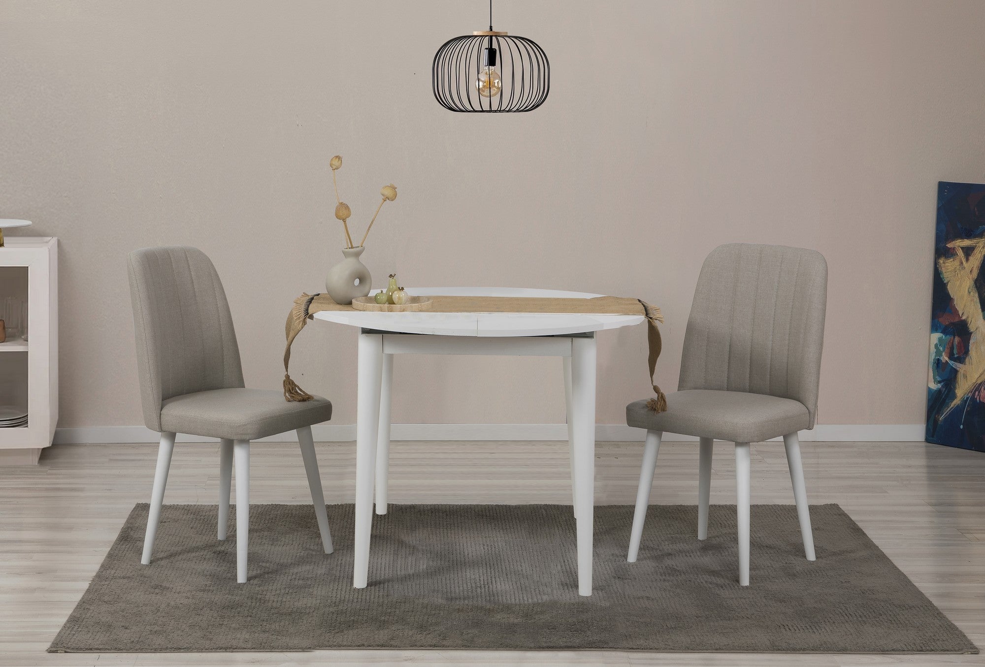 Conjunto de mesa de jantar extensível e cadeiras (3 peças), branco e creme, 100 cm | 100% revestido em melamina, 18 mm de espessura | Pernas de madeira elegantes, perfeitas para salas de jantar modernas