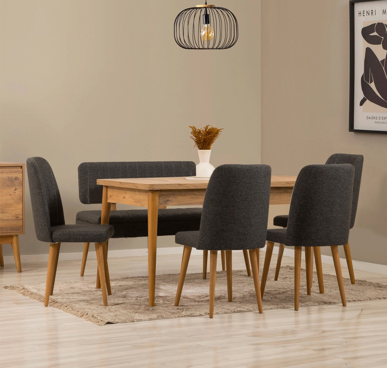 Conjunto de mesa de jantar extensível e cadeiras (6 peças), pinho do Atlântico e antracite | 100% revestido em melamina, pernas de madeira de carpa | Design moderno para refeições elegantes