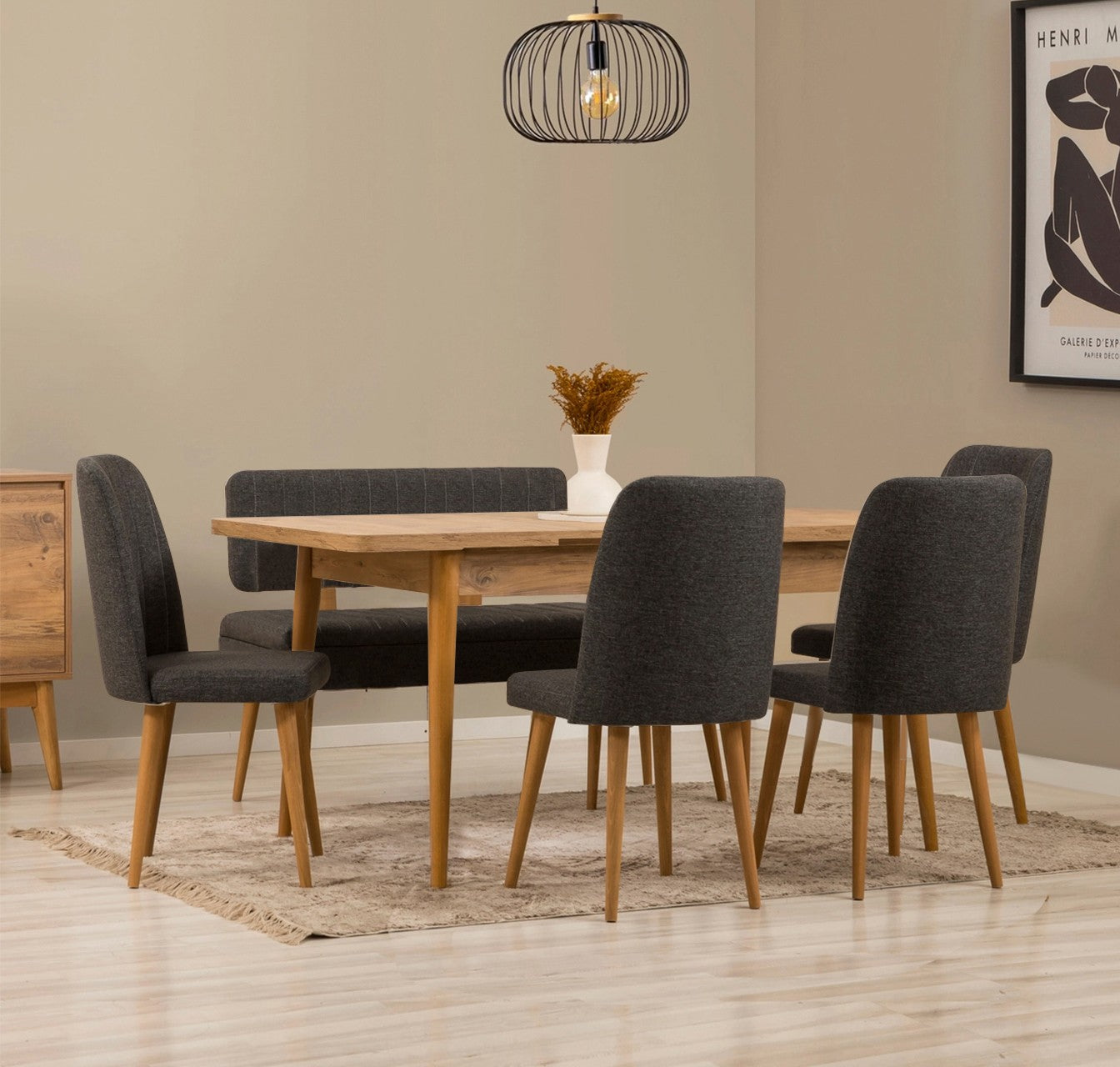 Conjunto de mesa de jantar extensível e cadeiras (6 peças), pinho do Atlântico e antracite | 100% revestido em melamina, pernas de madeira de carpa | Design moderno para refeições elegantes