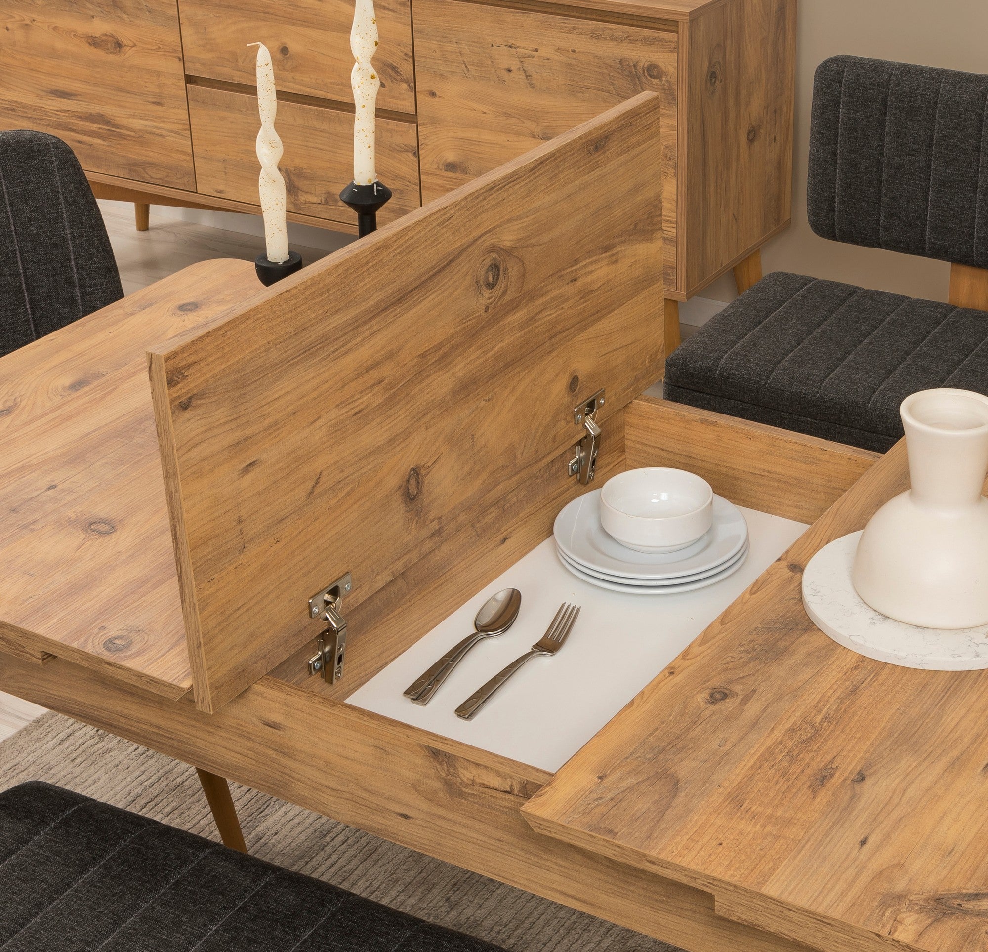 Conjunto de mesa de jantar extensível e cadeiras (6 peças), pinho do Atlântico e antracite | 100% revestido em melamina, pernas de madeira de carpa | Design moderno para refeições elegantes