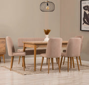Conjunto de mesa de jantar extensível e cadeiras (6 peças), pinho atlântico e pedra, 130-165 cm | 100% revestido em melamina, tecido de linho, pernas de madeira de carpa | Elegante e funcional