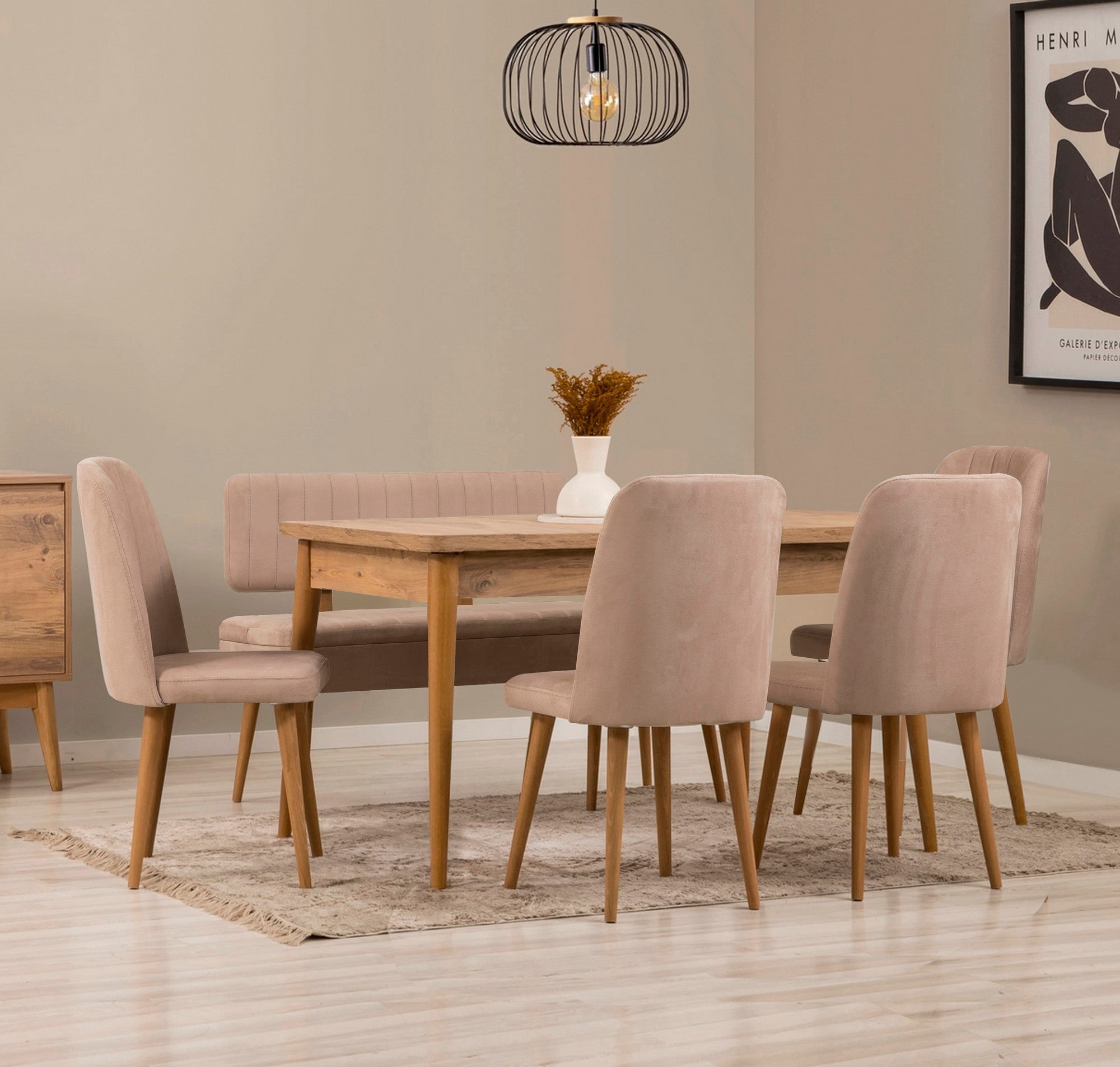 Conjunto de mesa de jantar extensível e cadeiras (6 peças), pinho atlântico e pedra, 130-165 cm | 100% revestido em melamina, tecido de linho, pernas de madeira de carpa | Elegante e funcional