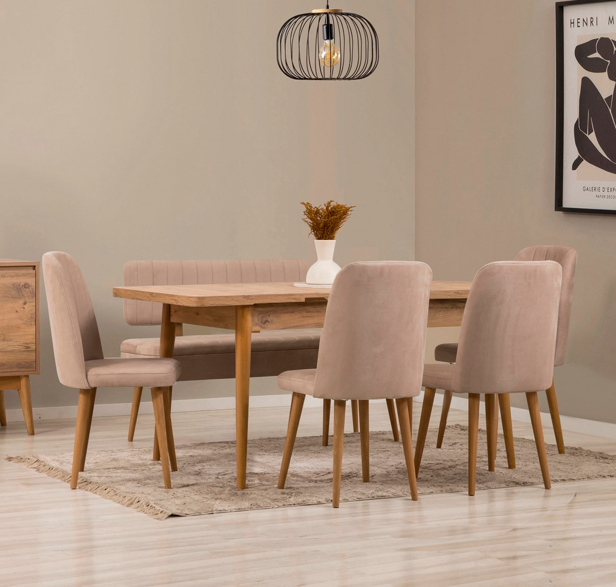 Conjunto de mesa de jantar extensível e cadeiras (6 peças), pinho atlântico e pedra, 130-165 cm | 100% revestido em melamina, tecido de linho, pernas de madeira de carpa | Elegante e funcional