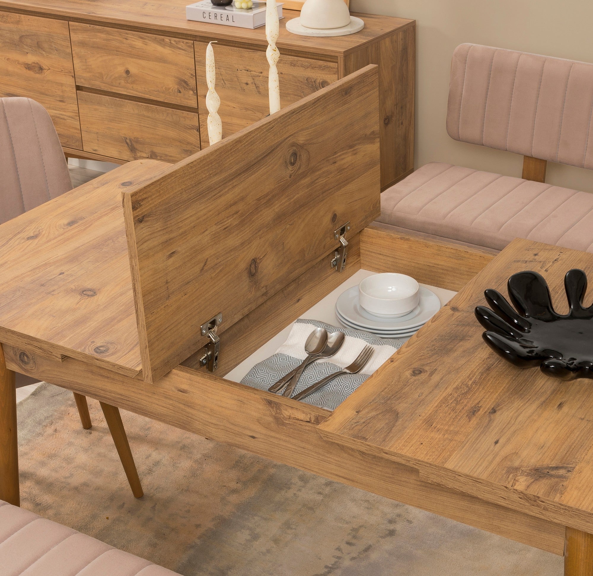 Conjunto de mesa de jantar extensível e cadeiras (6 peças), pinho atlântico e pedra, 130-165 cm | 100% revestido em melamina, tecido de linho, pernas de madeira de carpa | Elegante e funcional
