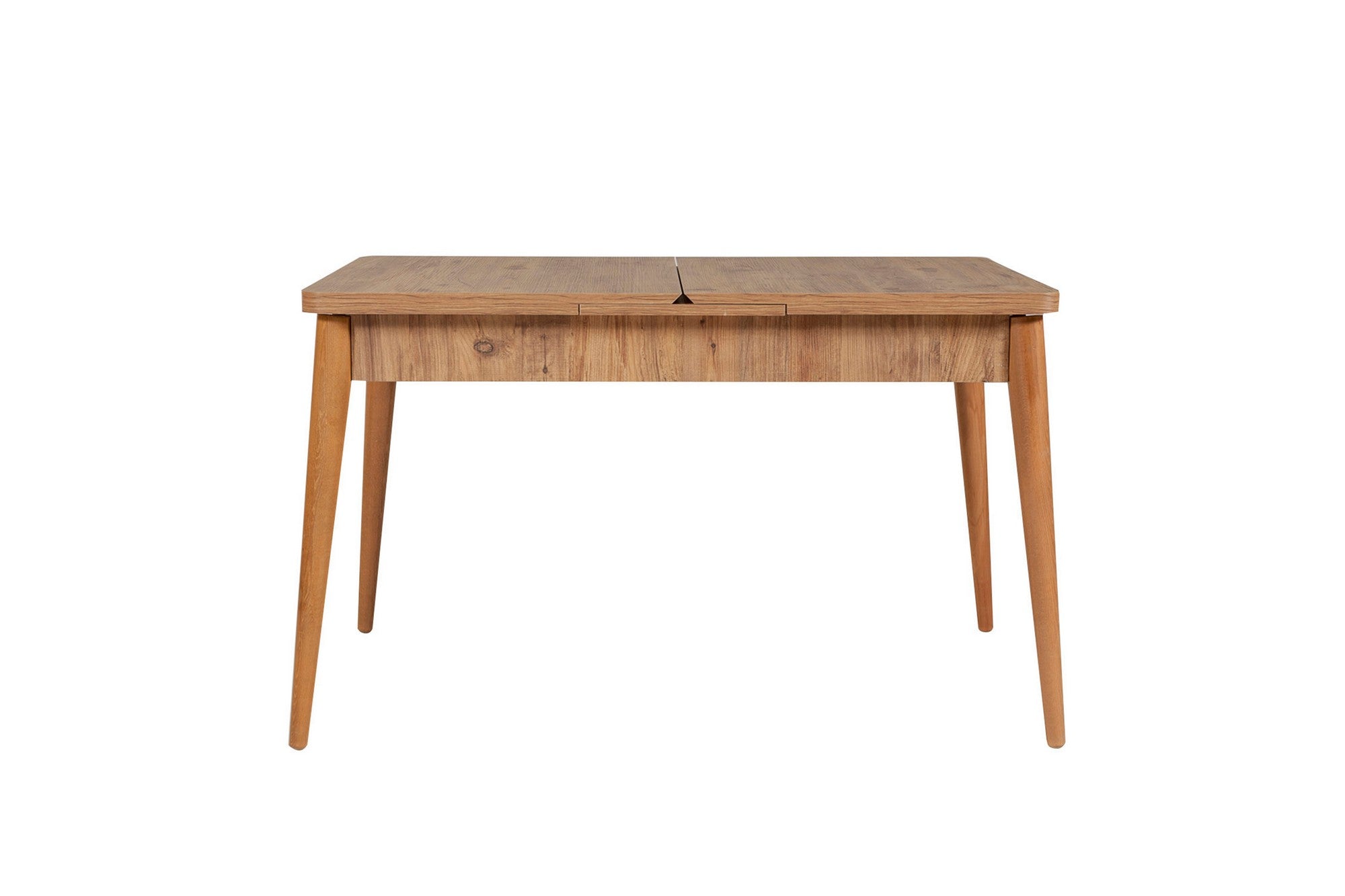 Conjunto de mesa de jantar extensível e cadeiras (6 peças), pinho atlântico e pedra, 130-165 cm | 100% revestido em melamina, tecido de linho, pernas de madeira de carpa | Elegante e funcional