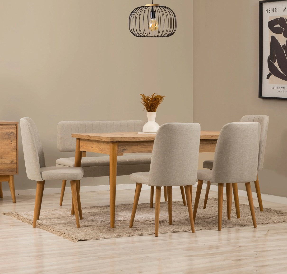 Conjunto de mesa de jantar extensível e cadeiras (6 peças), pinho do Atlântico e creme, 130-165 cm | 100% revestido em melamina, tecido de linho, pernas de madeira de carpa | Elegante e funcional para refeições modernas
