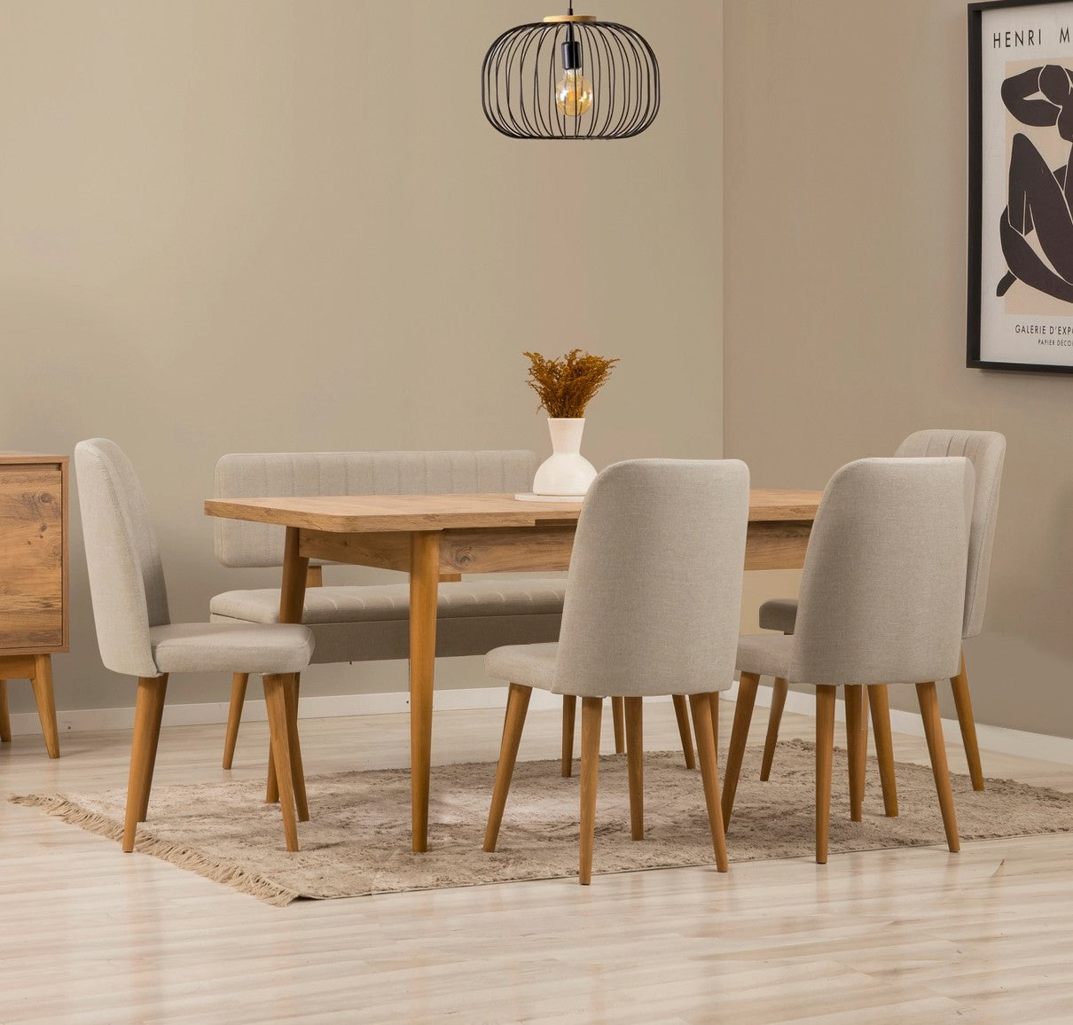 Conjunto de mesa de jantar extensível e cadeiras (6 peças), pinho do Atlântico e creme, 130-165 cm | 100% revestido em melamina, tecido de linho, pernas de madeira de carpa | Elegante e funcional para refeições modernas