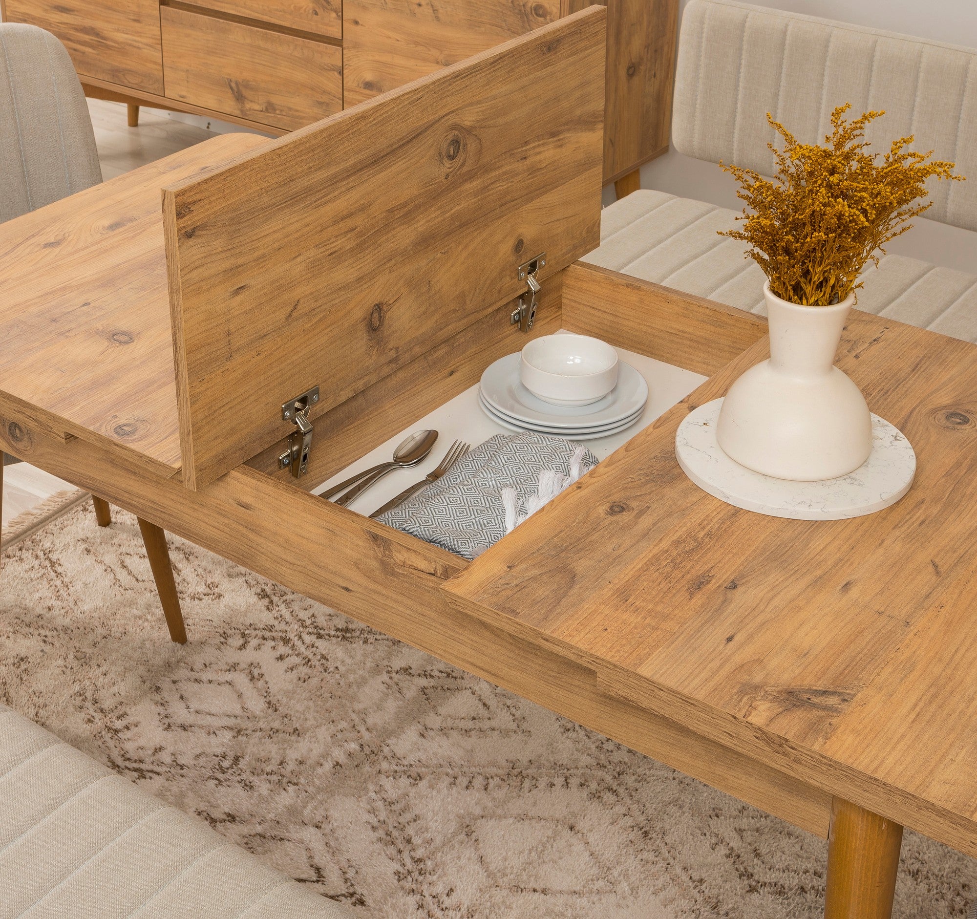 Conjunto de mesa de jantar extensível e cadeiras (6 peças), pinho do Atlântico e creme, 130-165 cm | 100% revestido em melamina, tecido de linho, pernas de madeira de carpa | Elegante e funcional para refeições modernas