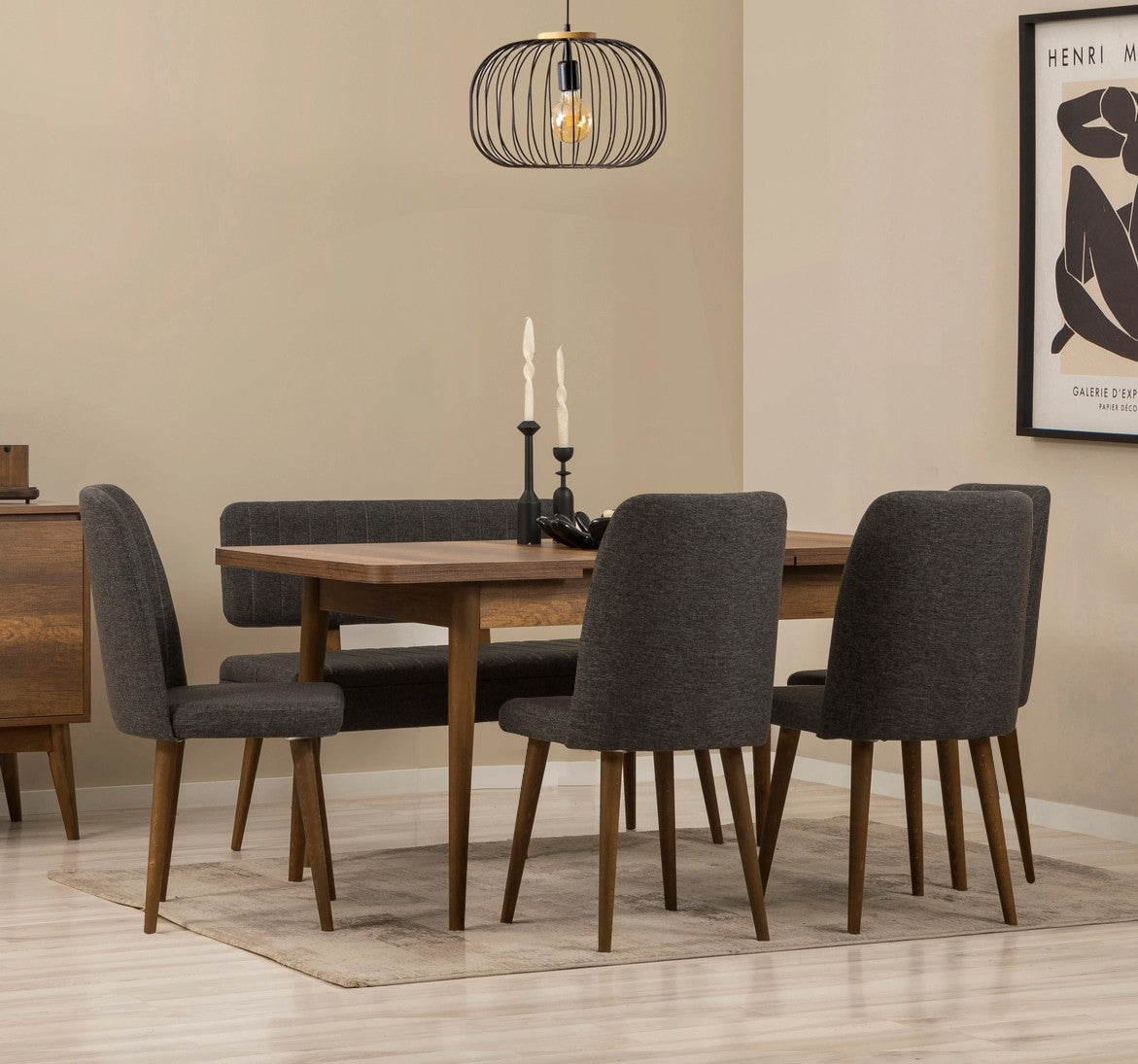 Conjunto de mesa de jantar extensível e cadeiras (6 peças), nogueira e antracite, 130-165 cm | 100% revestido em melamina, tecido de linho, pernas de madeira de carpa | Elegante e funcional para refeições modernas
