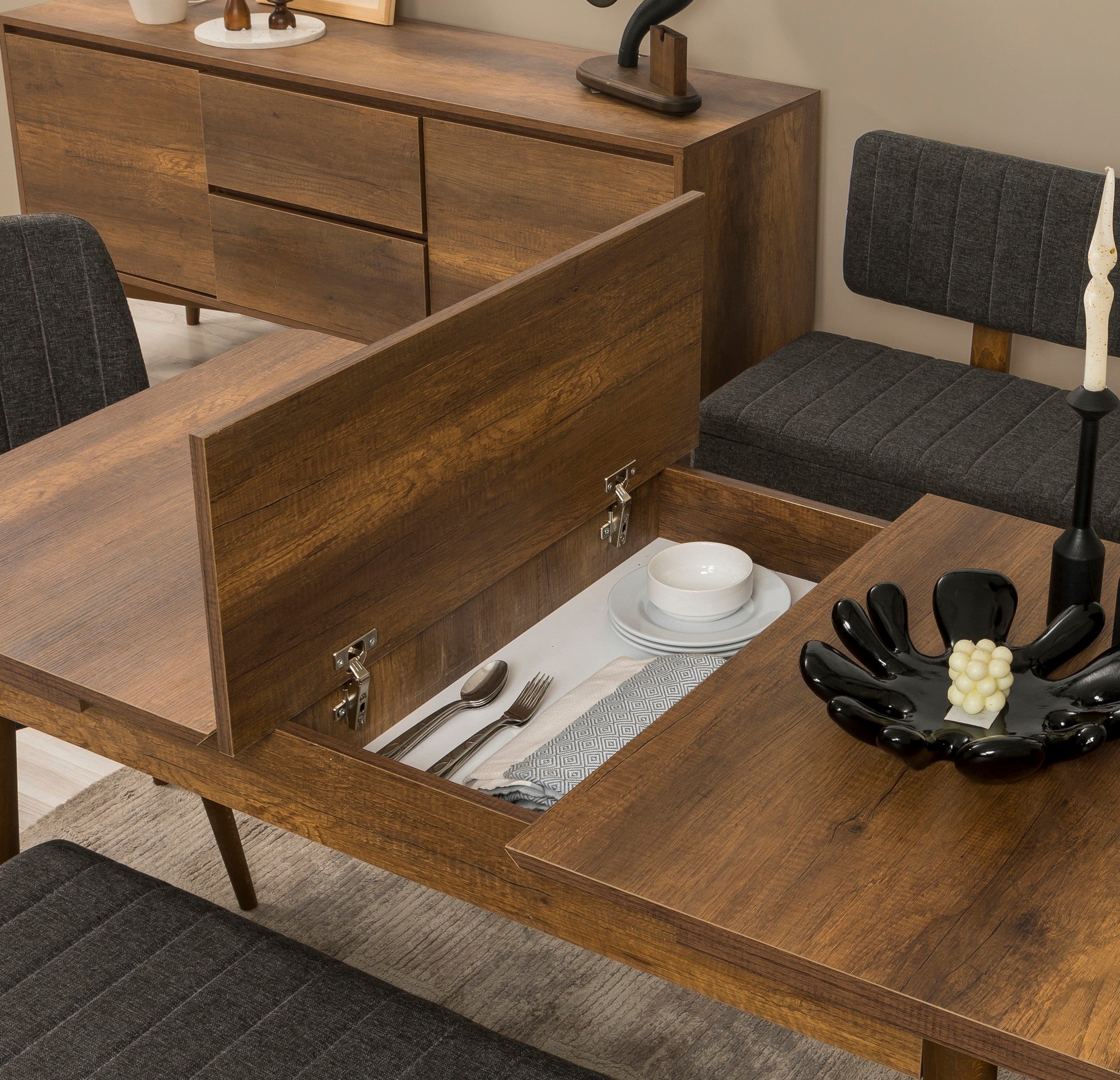 Conjunto de mesa de jantar extensível e cadeiras (6 peças), nogueira e antracite, 130-165 cm | 100% revestido em melamina, tecido de linho, pernas de madeira de carpa | Elegante e funcional para refeições modernas