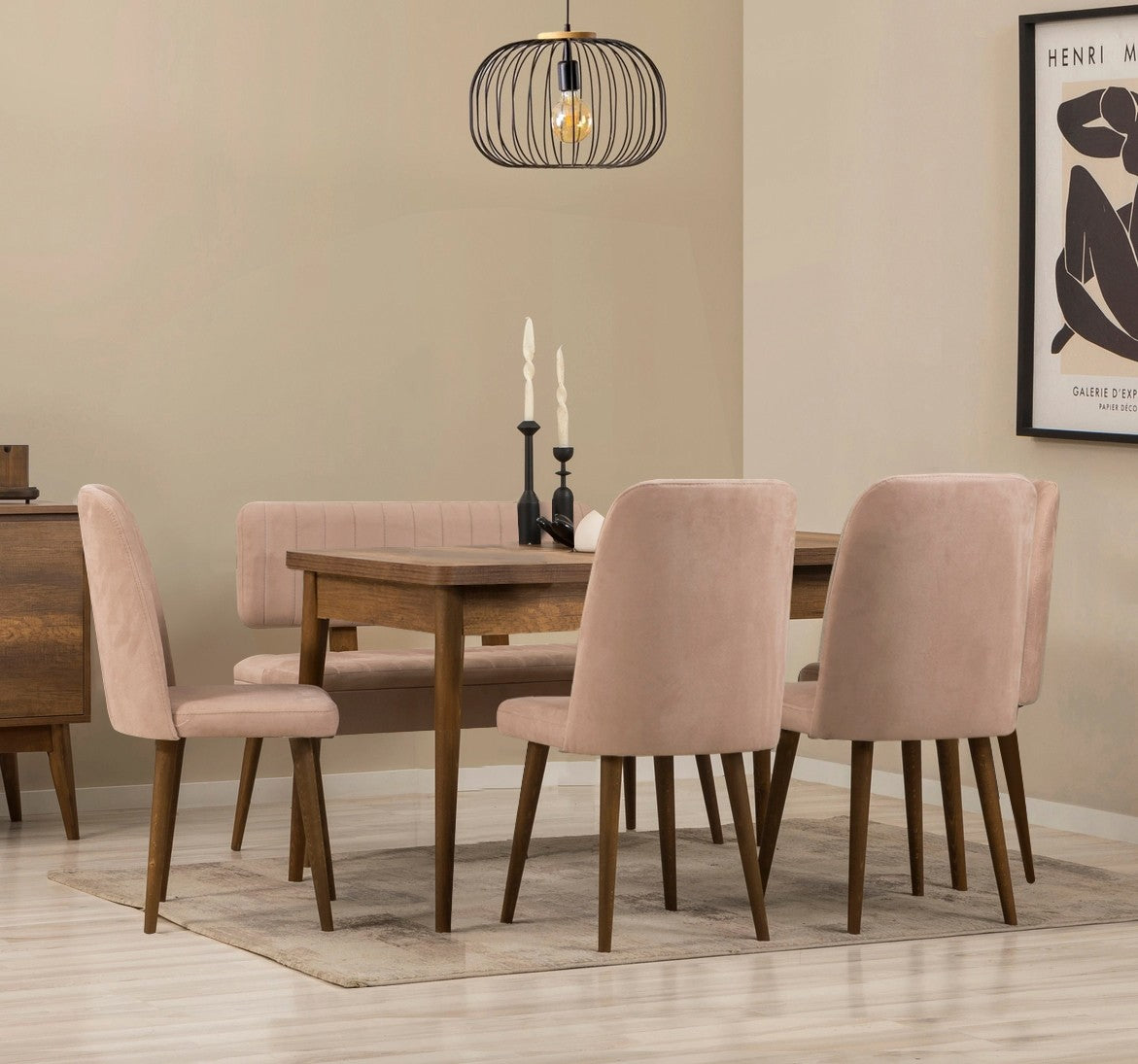 Conjunto de mesa de jantar extensível e cadeiras (6 peças), nogueira e pedra, 130-165 cm | 100% revestido em melamina, tecido de linho, pernas de madeira de carpa | Elegante e funcional para refeições modernas