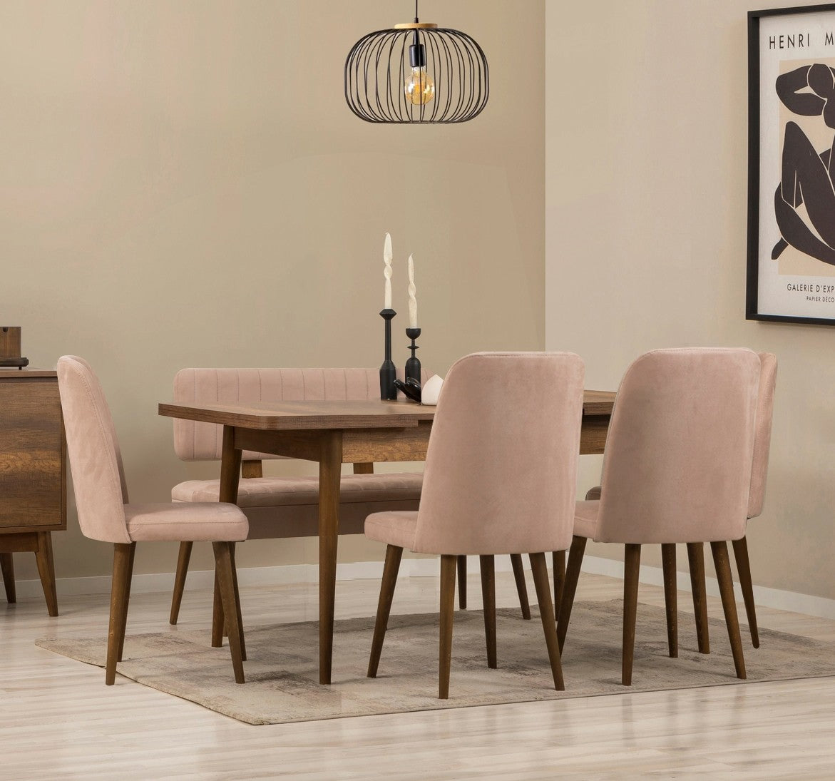 Conjunto de mesa de jantar extensível e cadeiras (6 peças), nogueira e pedra, 130-165 cm | 100% revestido em melamina, tecido de linho, pernas de madeira de carpa | Elegante e funcional para refeições modernas