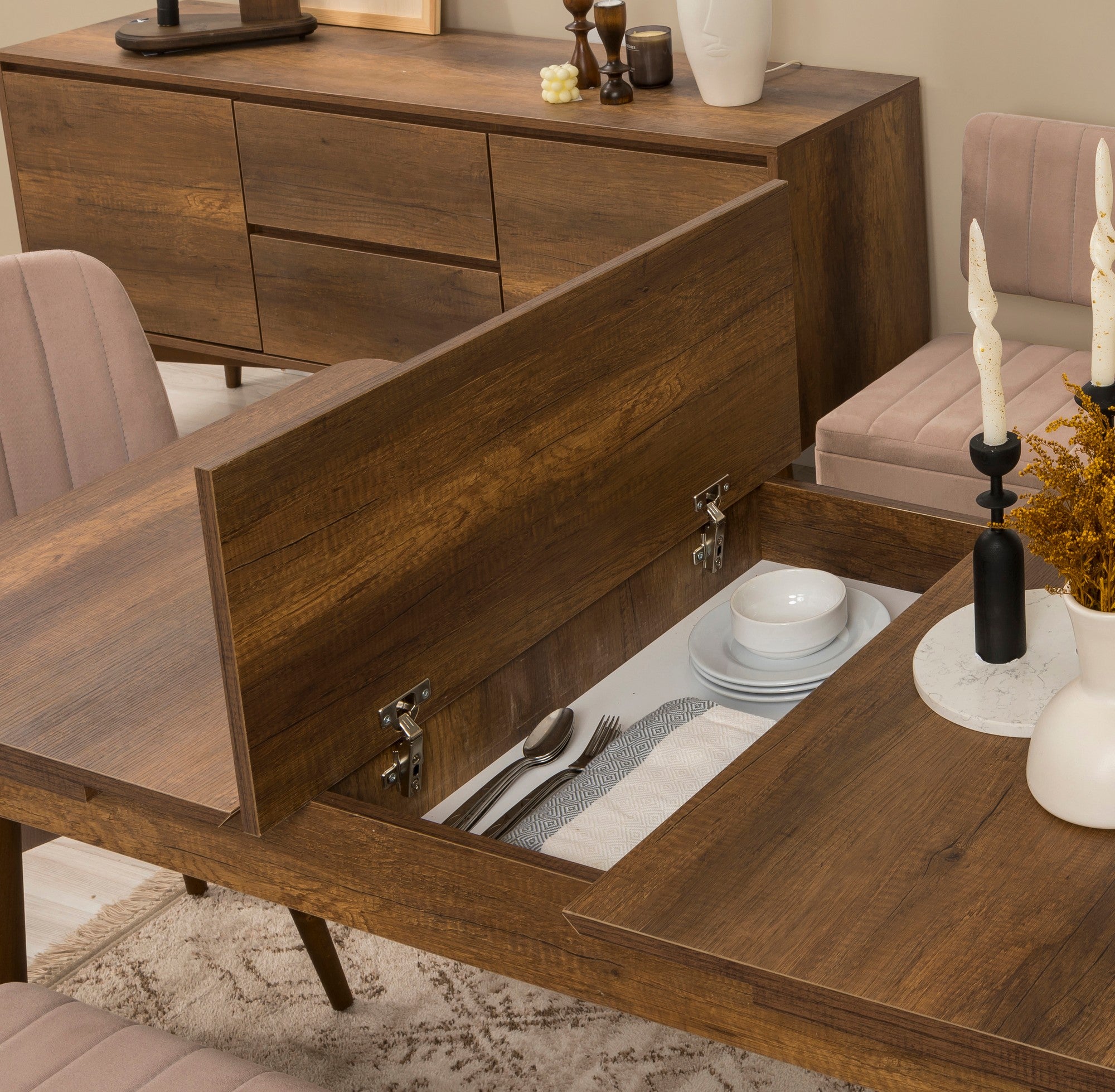 Conjunto de mesa de jantar extensível e cadeiras (6 peças), nogueira e pedra, 130-165 cm | 100% revestido em melamina, tecido de linho, pernas de madeira de carpa | Elegante e funcional para refeições modernas