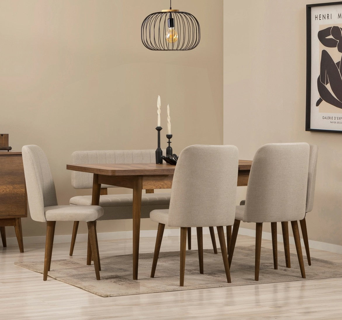 Conjunto de mesa de jantar extensível e cadeiras (6 peças), nogueira e creme, 130-165 cm | 100% revestido em melamina, pernas de madeira de carpa | Elegante e funcional para refeições modernas