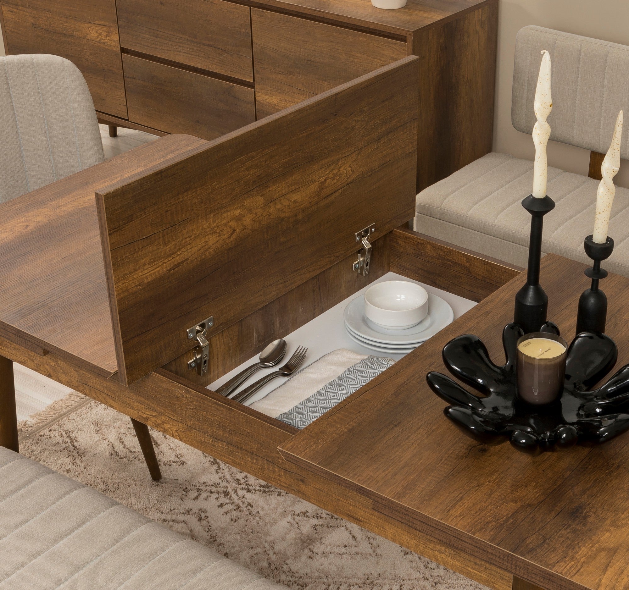Conjunto de mesa de jantar extensível e cadeiras (6 peças), nogueira e creme, 130-165 cm | 100% revestido em melamina, pernas de madeira de carpa | Elegante e funcional para refeições modernas