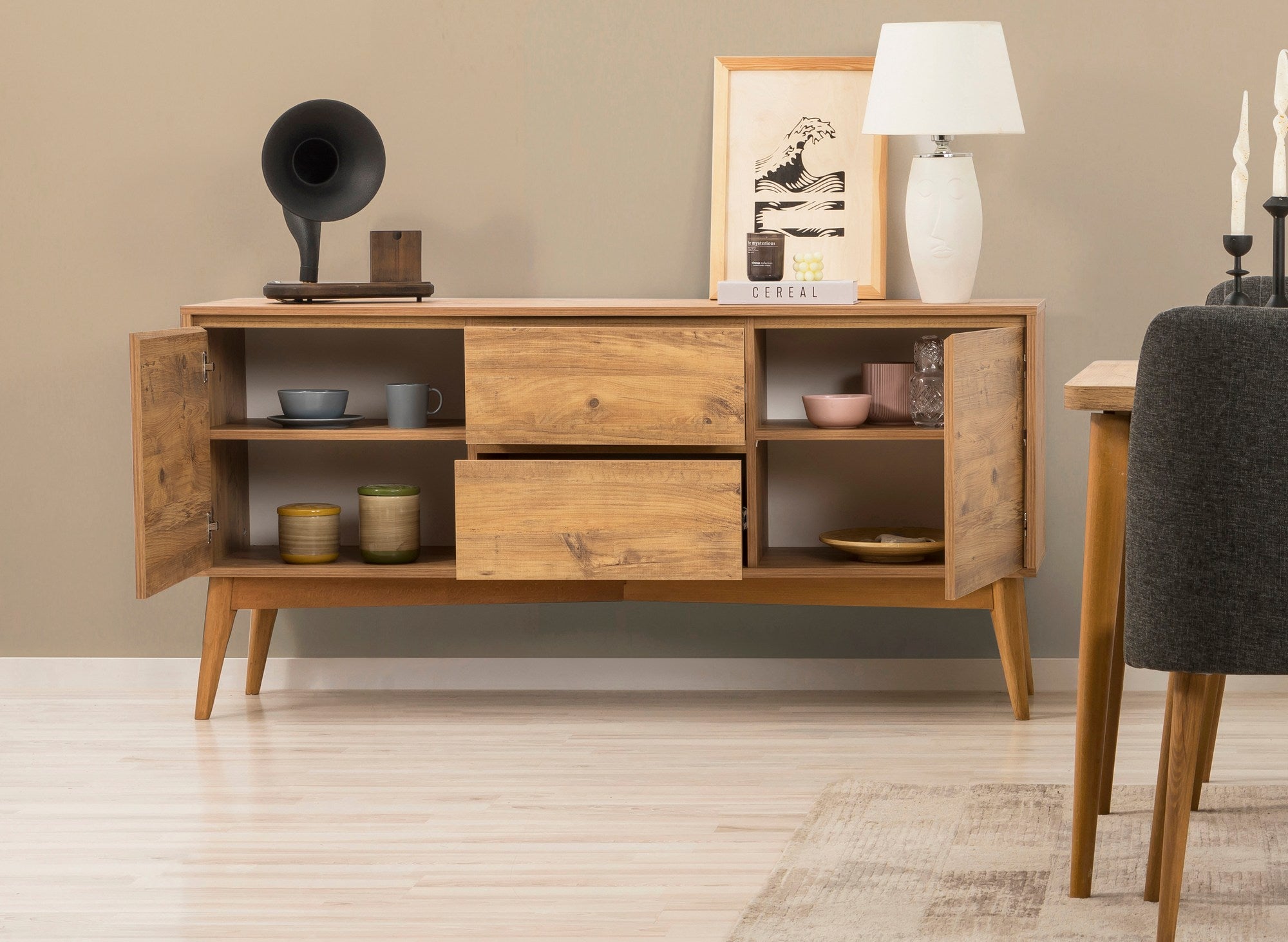 Conjunto de mesa de jantar extensível, cadeiras e Aparador (6 peças)-Vina-Pinheiro Atlântico
Antracite
