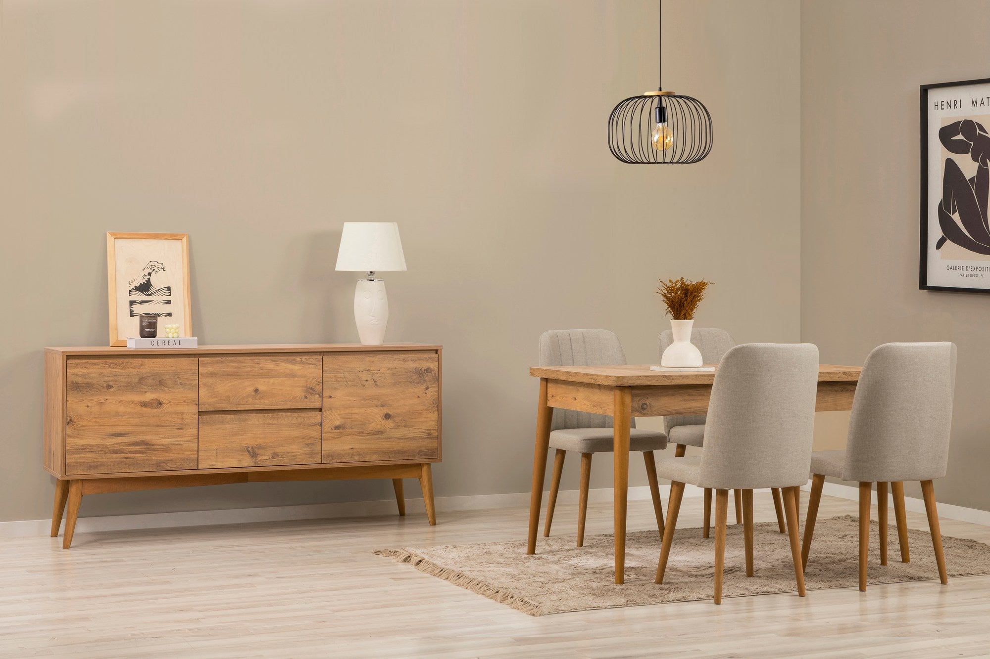Conjunto de mesa de jantar extensível, cadeiras e Aparador (6 peças)-Vina-Pinho Atlântico
Creme