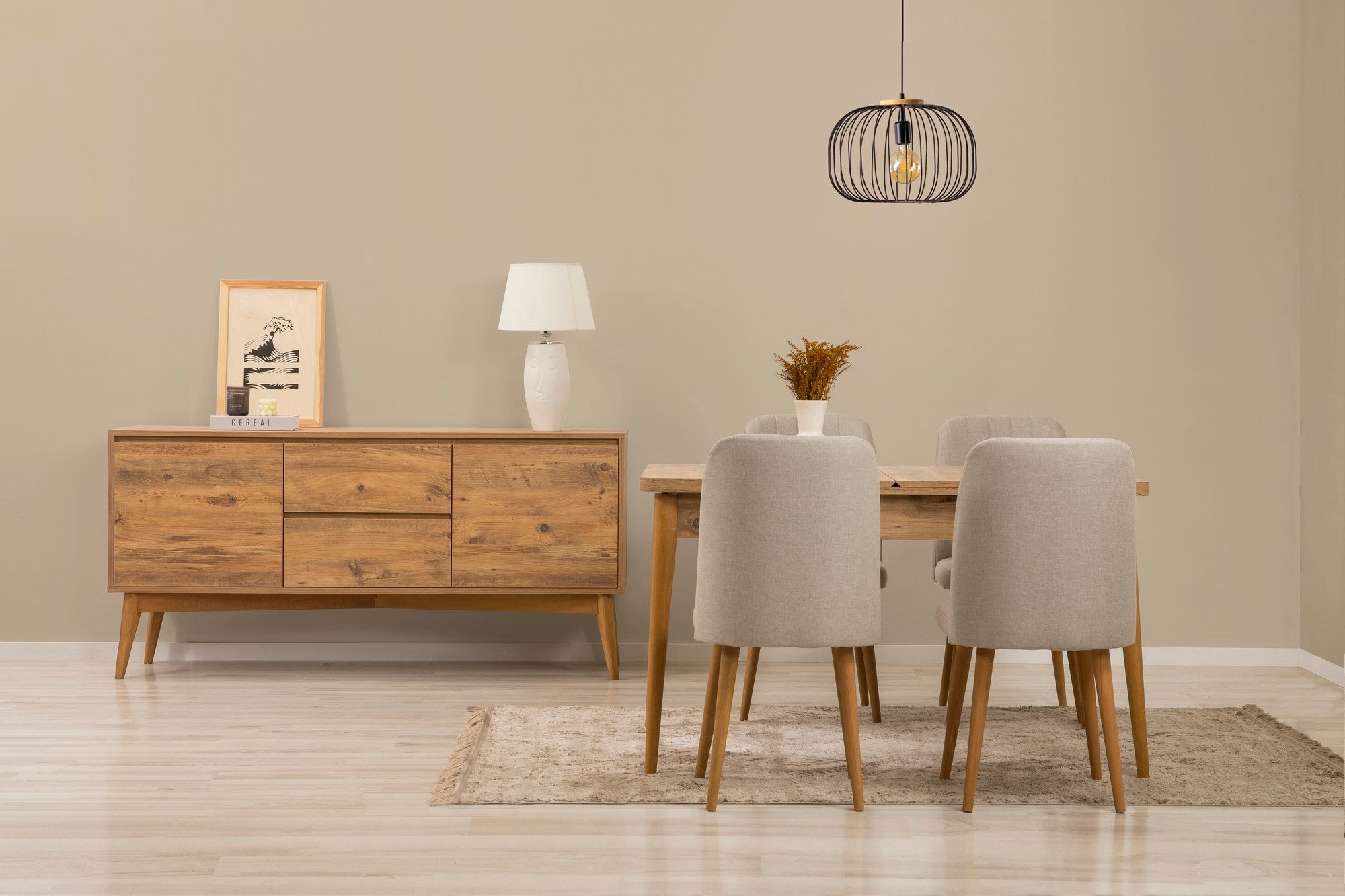Conjunto de mesa de jantar extensível, cadeiras e Aparador (6 peças)-Vina-Pinho Atlântico
Creme