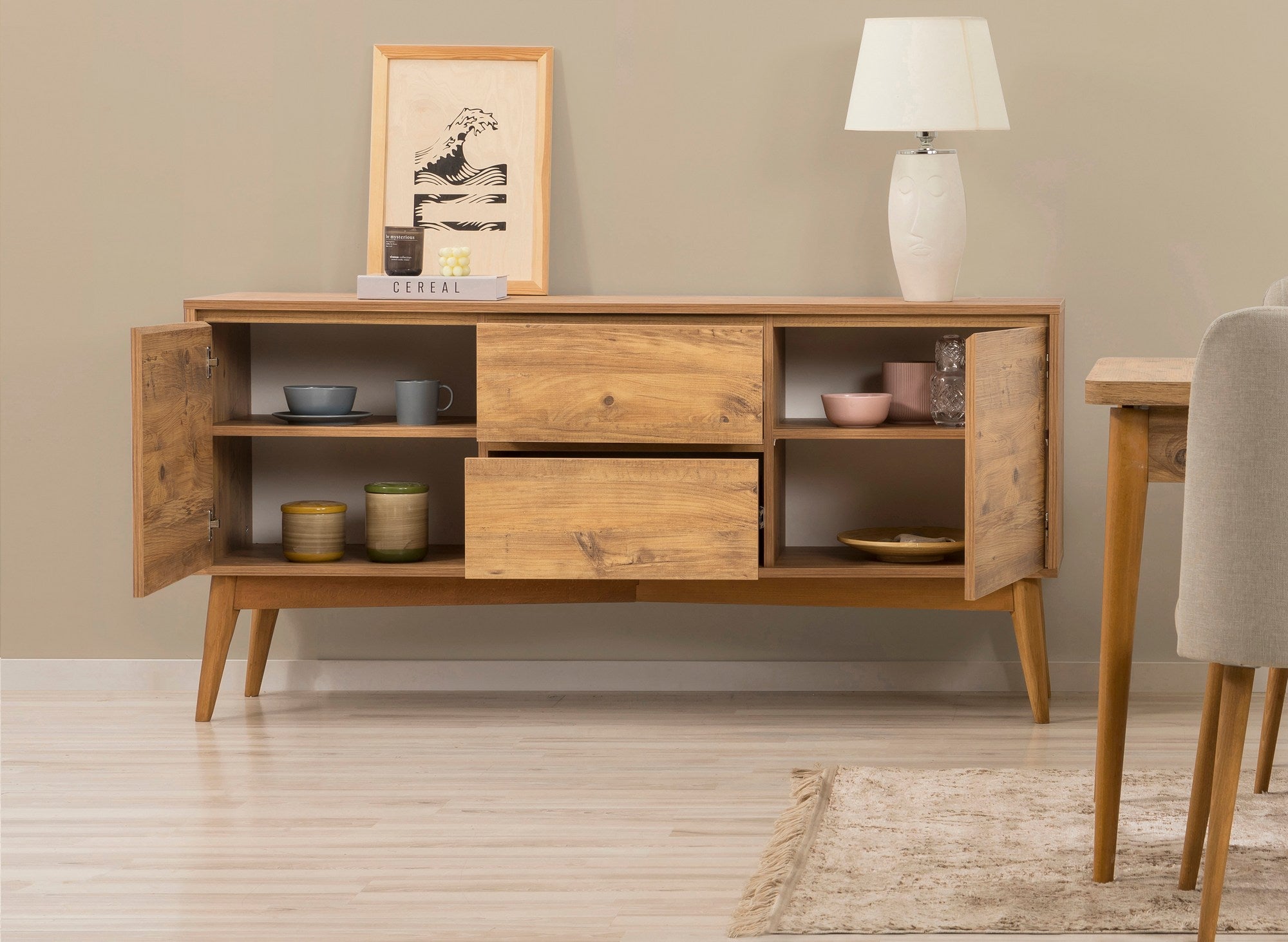 Conjunto de mesa de jantar extensível, cadeiras e Aparador (6 peças)-Vina-Pinho Atlântico
Creme