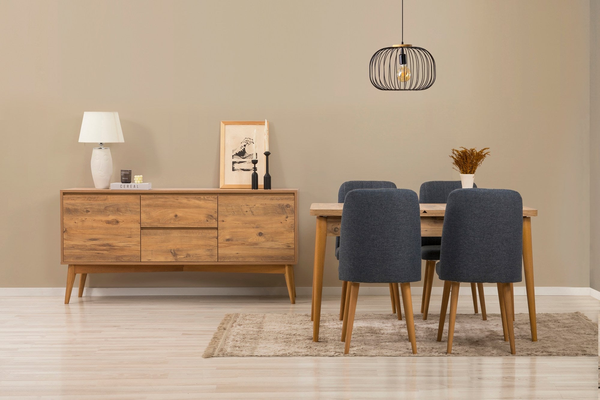 Conjunto de mesa de jantar extensível, cadeiras e Aparador (6 peças)-Vina-Pinheiro Atlântico
Azul Escuro