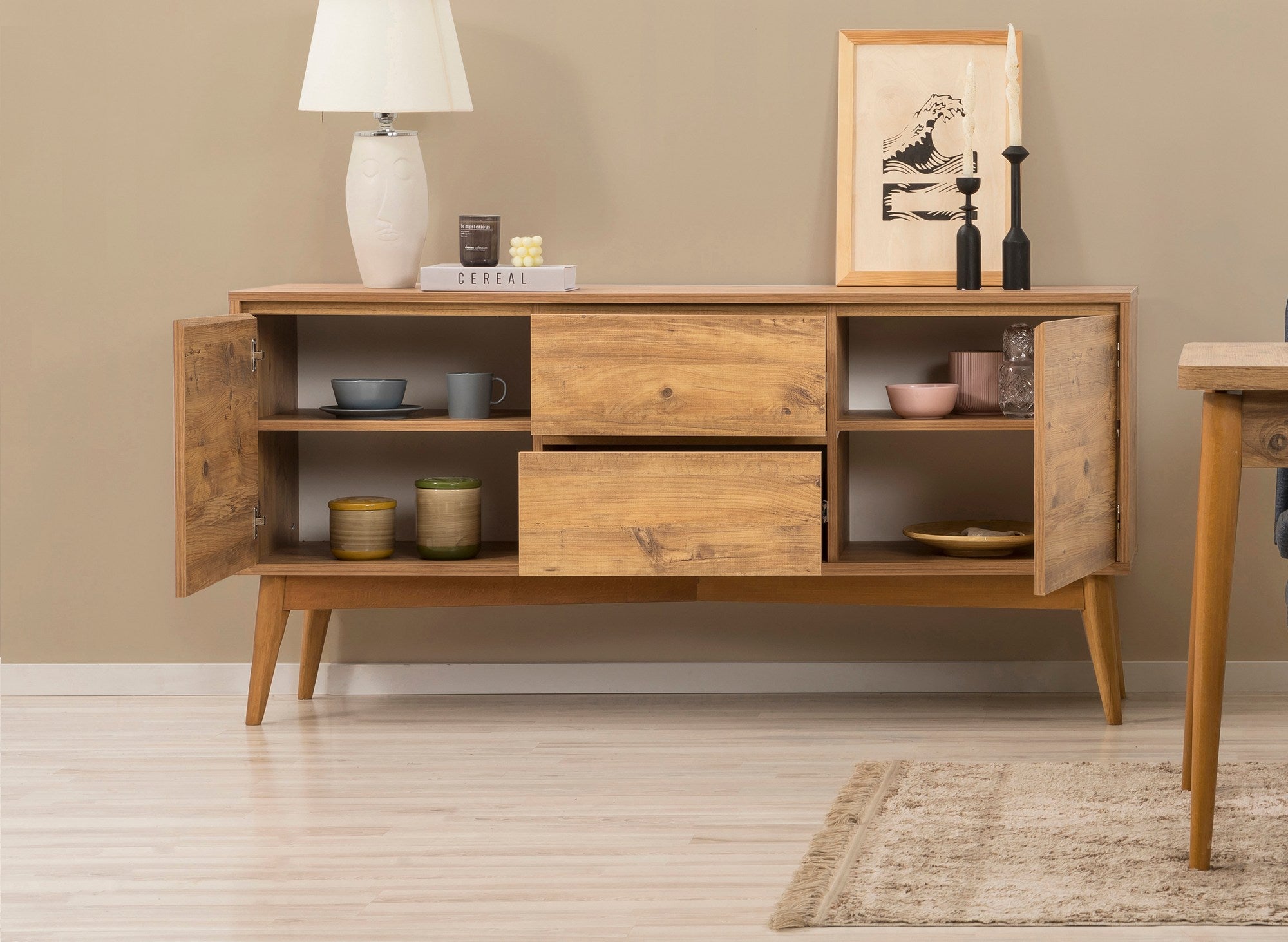 Conjunto de mesa de jantar extensível, cadeiras e Aparador (6 peças)-Vina-Pinheiro Atlântico
Azul Escuro
