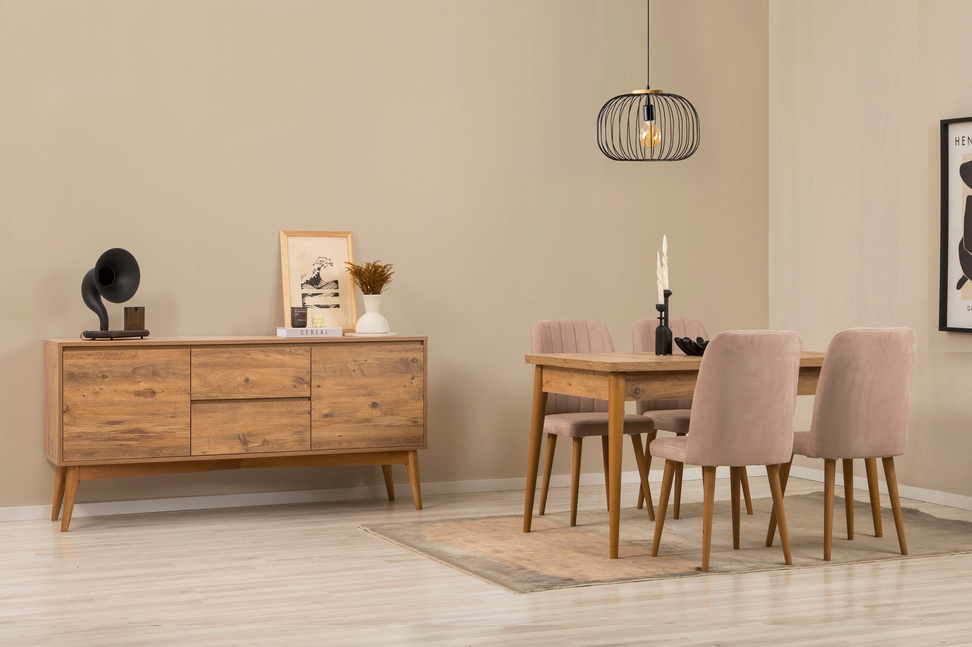 Conjunto de mesa de jantar extensível, cadeiras e Aparador (6 peças)-Vina-Pedra de Pinho Atlântico