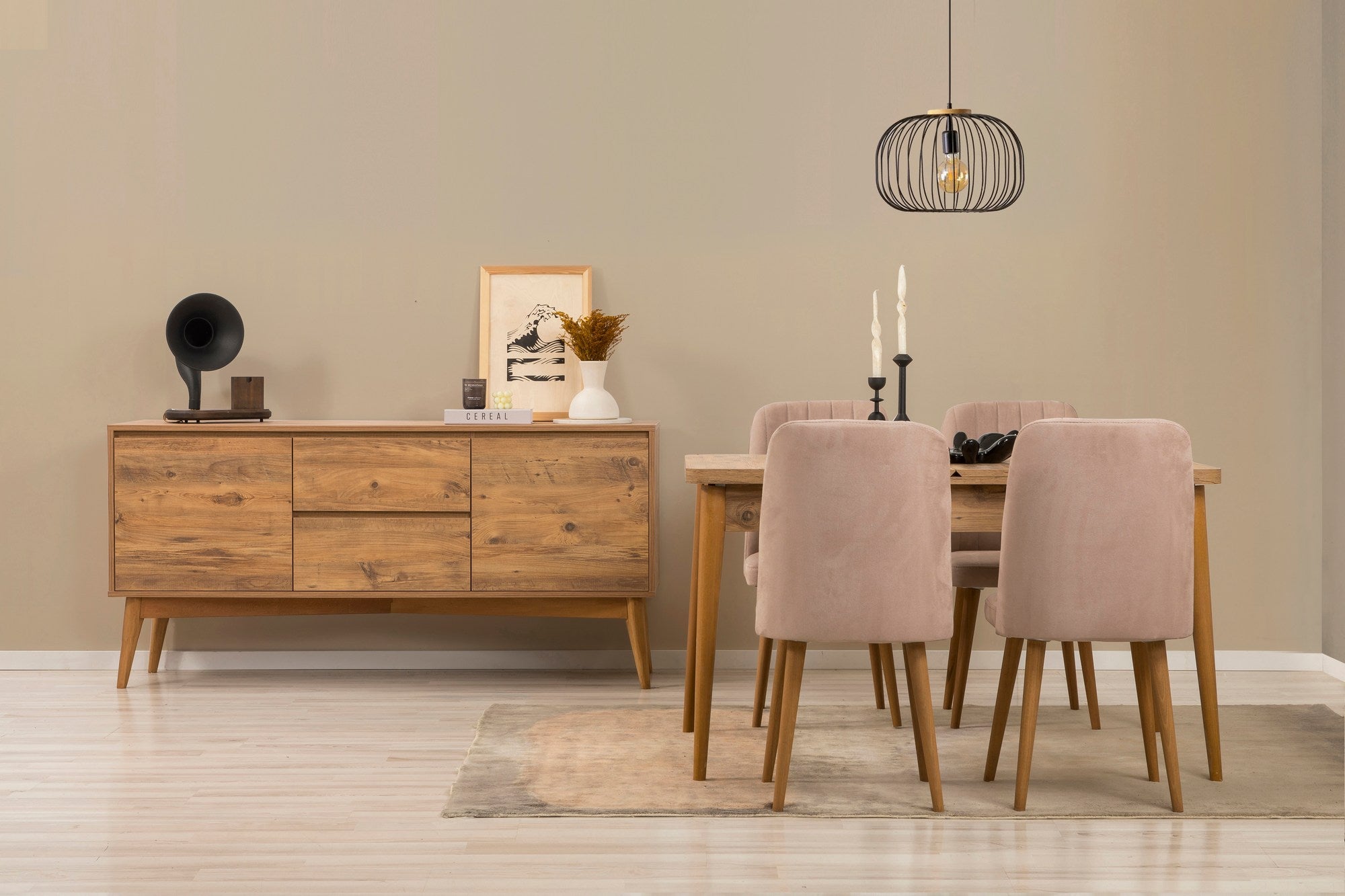 Conjunto de mesa de jantar extensível, cadeiras e Aparador (6 peças)-Vina-Pedra de Pinho Atlântico