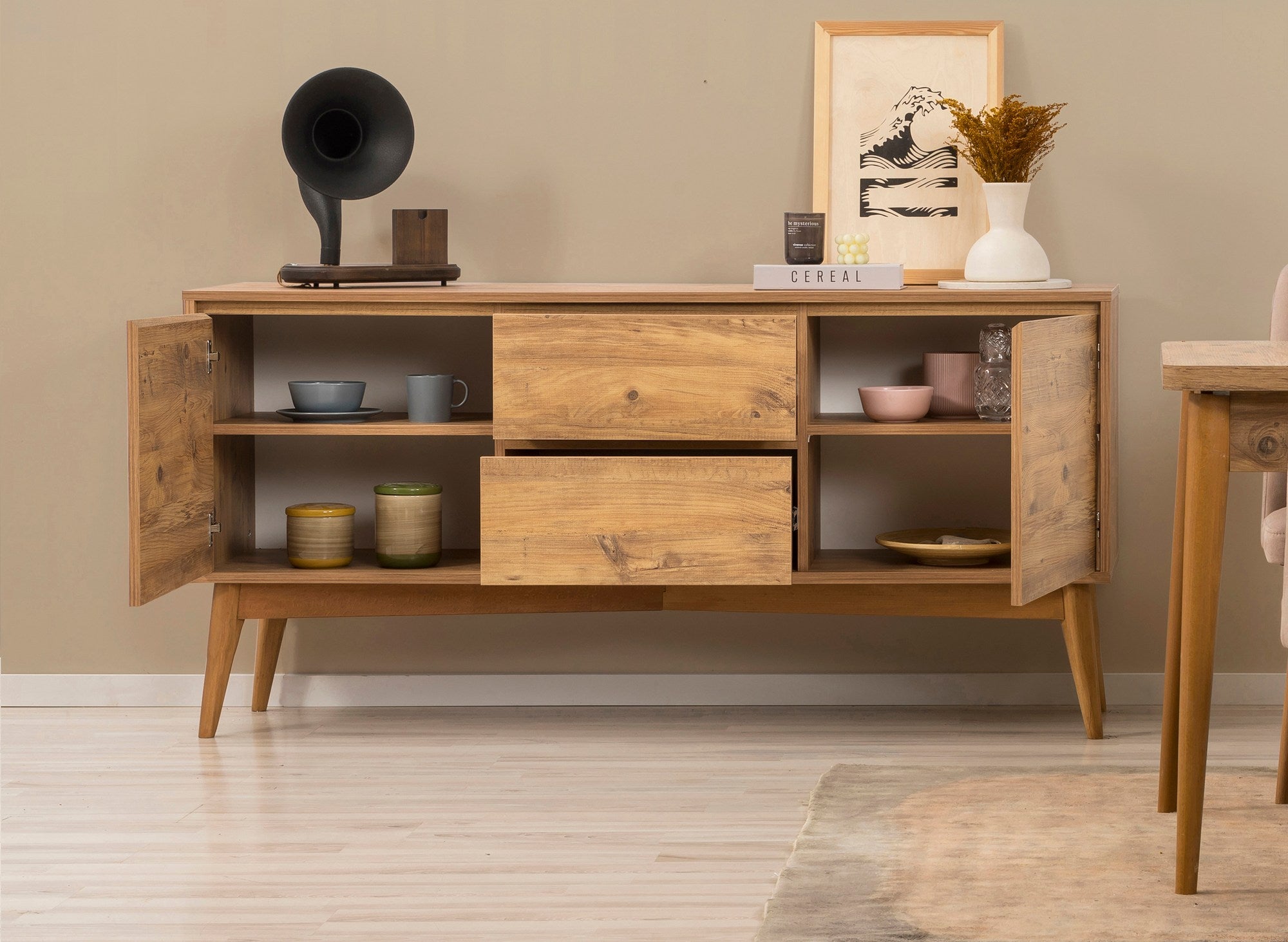 Conjunto de mesa de jantar extensível, cadeiras e Aparador (6 peças)-Vina-Pedra de Pinho Atlântico