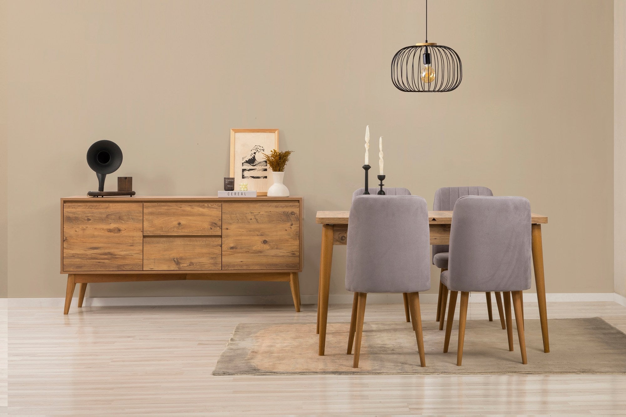 Conjunto de mesa de jantar extensível, cadeiras e Aparador (6 peças)-Vina-Pinheiro Atlântico
Cinza